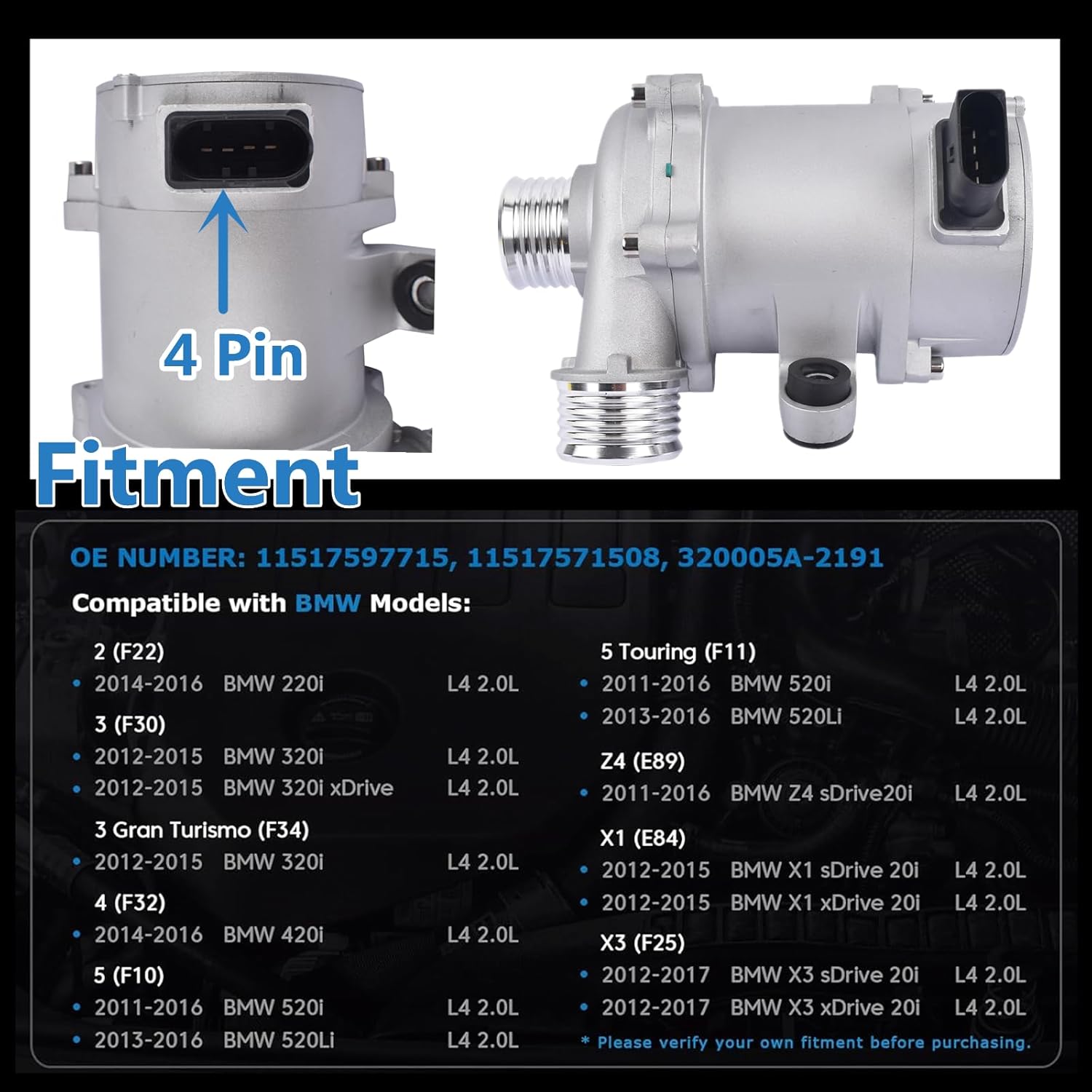 BRAND, CATEGORY, WATER PUMPS, WEONEFIT, 11517597715 Electric Engine Coolant Water Pump W/Bolts, 4 Pins Replacement for 2013-2015, 320i 2013-2018, 320i xDrive 2013-2018, 328i 2012-2016, 328i xDrive 2013-2016 2.0L L4-11517571508