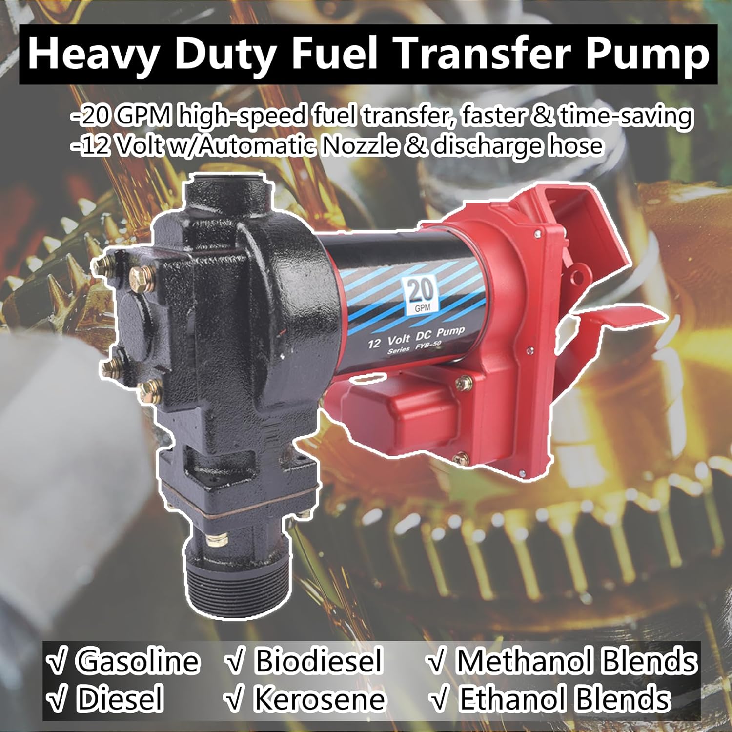 BRAND, CATEGORY, ELECTRIC FUEL PUMPS, WEONEFIT, 12 Volt Fuel Transfer Pump w/Automatic Nozzle | 20 GPM High Flow DC Fuel Pump | for Gasoline, Diesel, Kerosene, Ethanol Blends, Methanol Blends, and Biodiesel | Cast Iron Gas Heavy Duty Transfer Pump