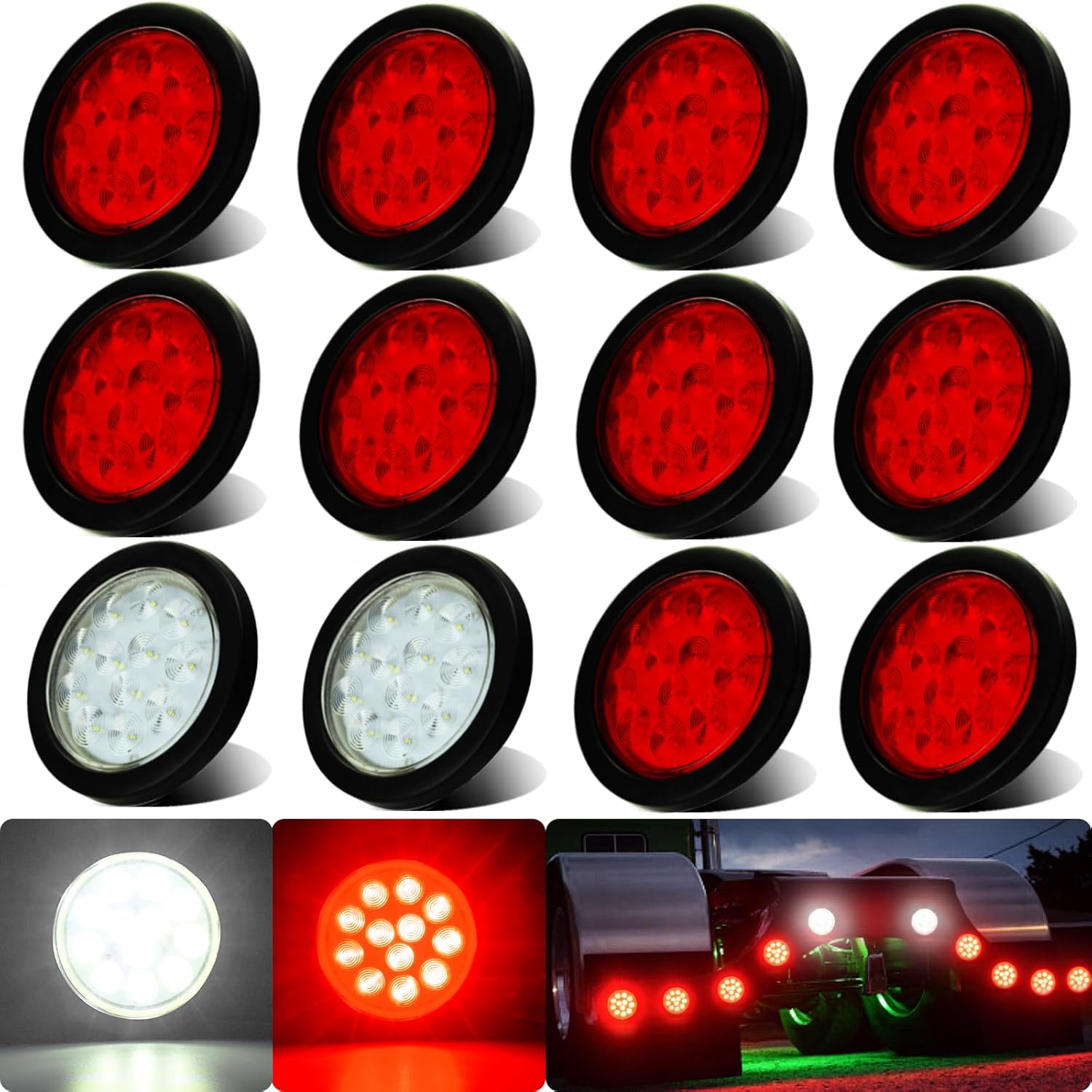 BRAND, CATEGORY, LIGHTING, WAHMOTOTIN, 12pcs 4 inch Round LED Trailer Trucks Tail Light Kit w/10Pcs 4" Round Red Stop Brkae Turn Lights & 2Pcs Reverse Back up Tail Light w/Rubber Grommet Flash Mount For RV/Van, DC 12V