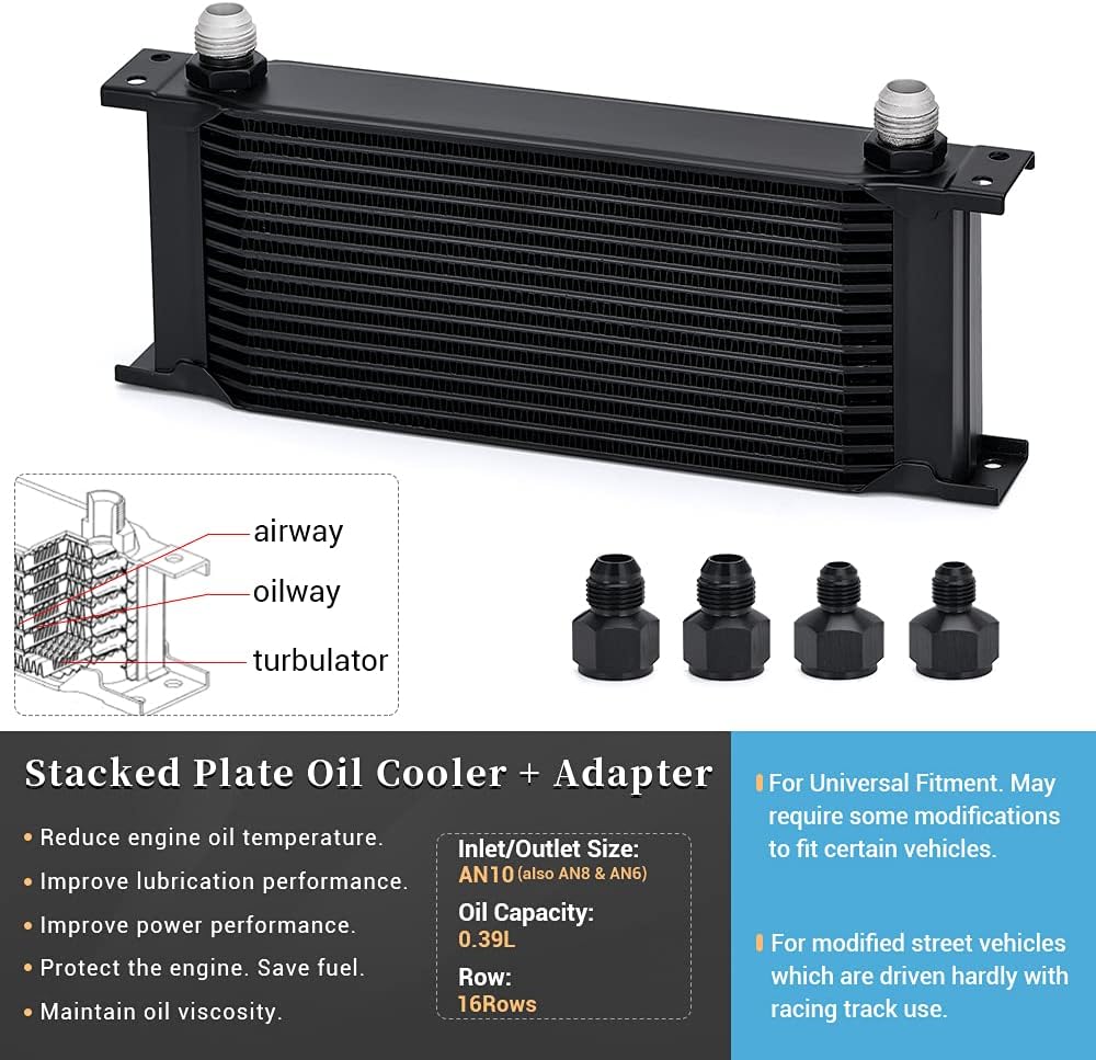 BRAND, CATEGORY, ENGINE OIL COOLERS & KITS, PQY, 16 Row AN10-10AN Stacked Plate Oil Cooler 6AN 8AN Adapter Universal Engine Transmission Aluminium Alloy