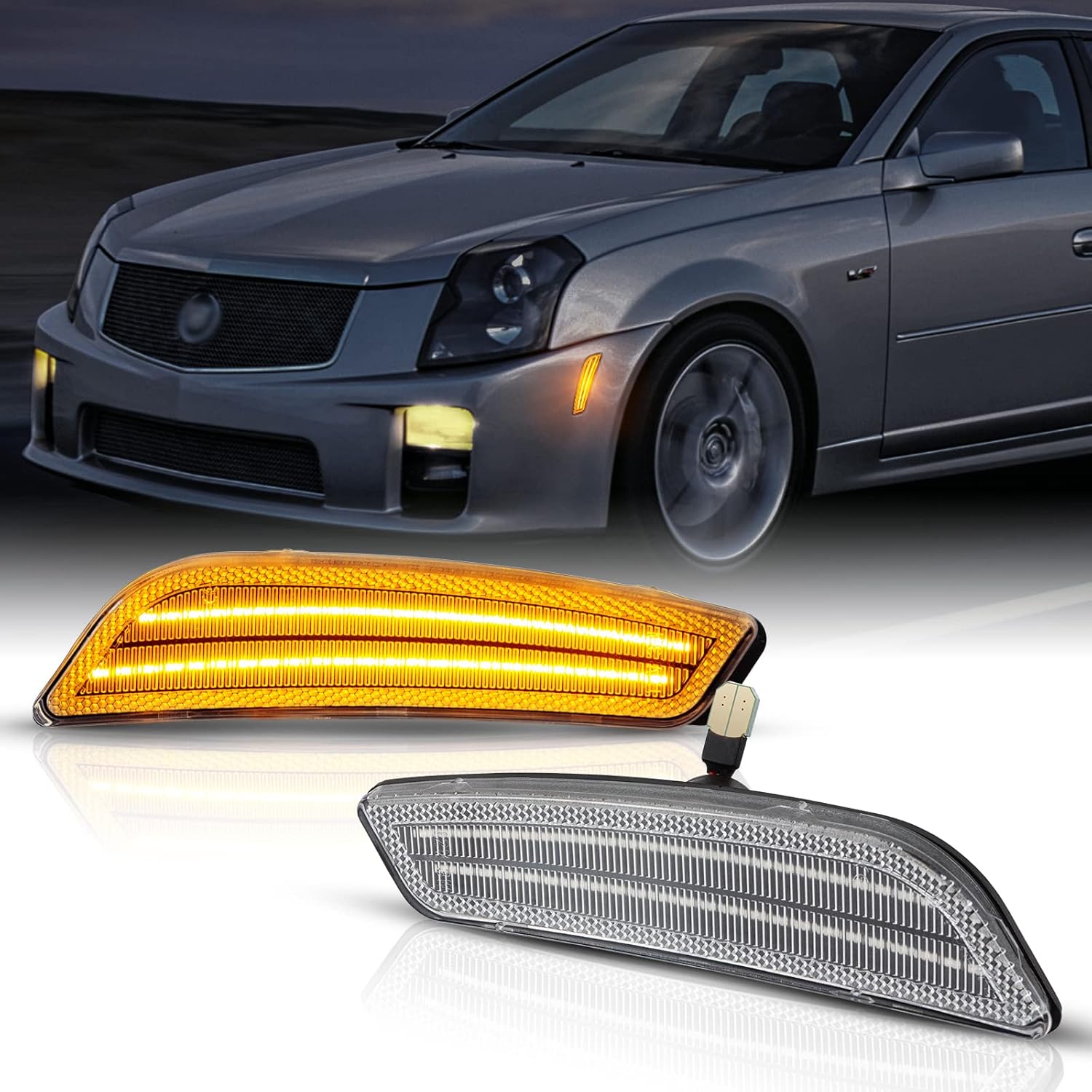 BRAND, CATEGORY, POPMOTORZ, SIDE MARKER ASSEMBLIES, 2003-2007 Cadillac CTS & CTS V Front Bumper Side Marker Lights, Led Amber Fender Side Signal Marker Lights Assembly, Replace OEM Part# ‎15930692 15930691 GM2551189 GM2550189 - Clear Lens