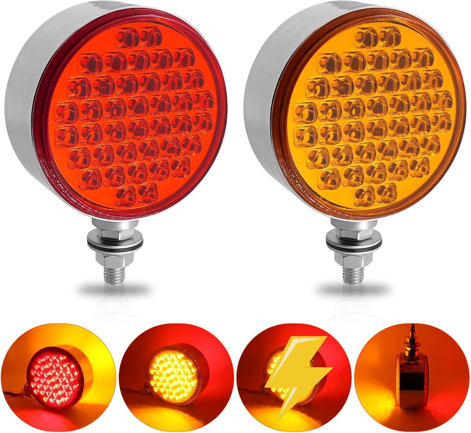 BRAND, CATEGORY, LENJIEMT, SIDE MARKER & TURN SIGNAL COMBOS, 2PCS 4 Inch Round Marker Lights 80 LEDs Pedestal Fender Light Double Face Turn Signal Amber Red Stud Mount For Heavy Truck Trailer Freightliner Peterbilt Kenworth