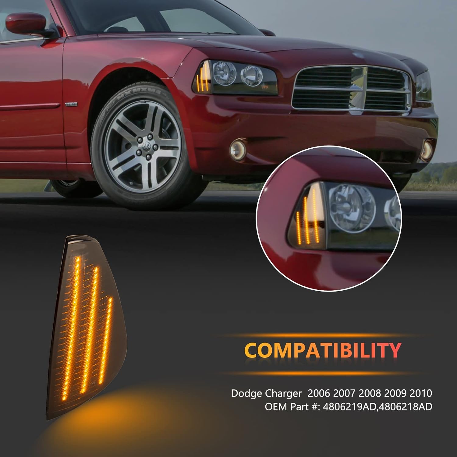 BRAND, CATEGORY, POPMOTORZ, SIDE MARKER ASSEMBLIES, 2PCS LED Corner Lights Front Side Marker Lights Assembly for Dodge Charger 2006 2007 2008 2009 2010 Side Marker Turn Signal Corner Lamps Driver and Passenger Side Smoked Black