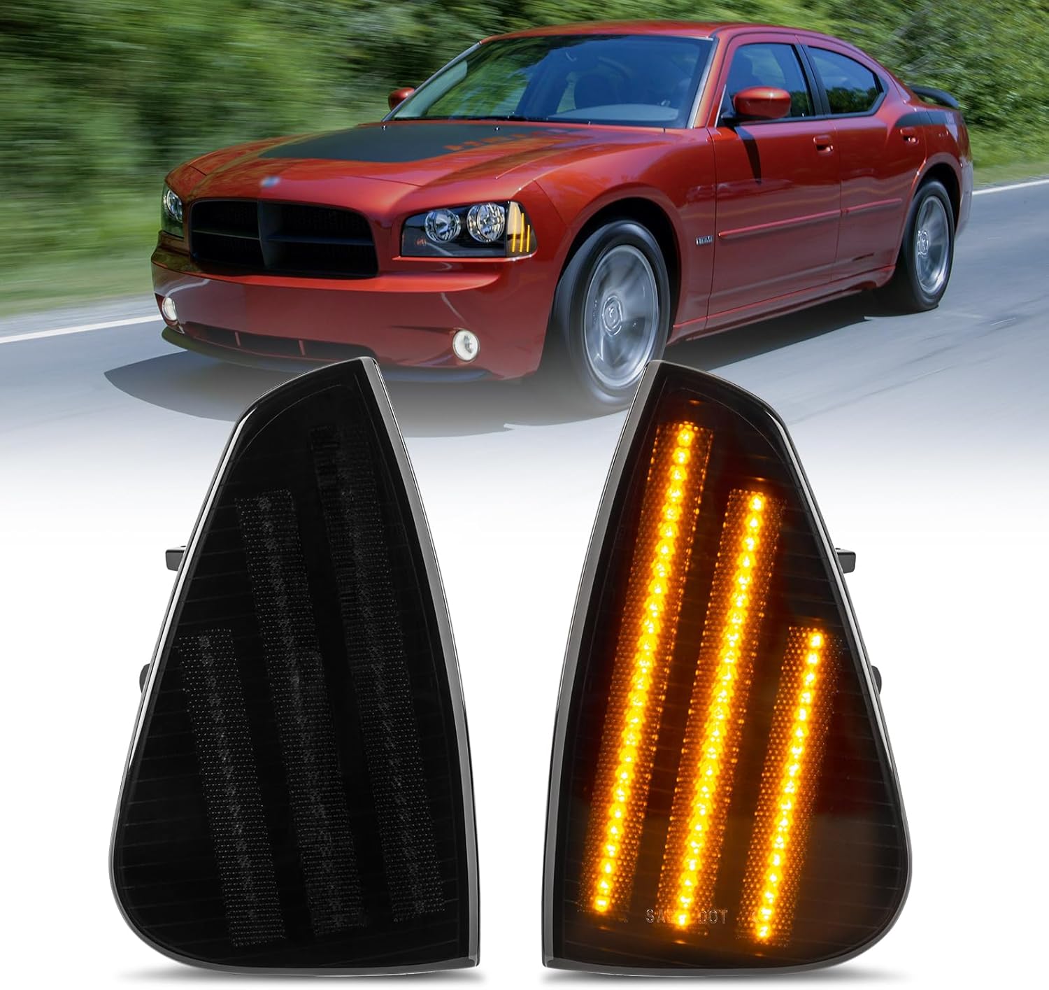 BRAND, CATEGORY, POPMOTORZ, SIDE MARKER ASSEMBLIES, 2PCS LED Corner Lights Front Side Marker Lights Assembly for Dodge Charger 2006 2007 2008 2009 2010 Side Marker Turn Signal Corner Lamps Driver and Passenger Side Smoked Black