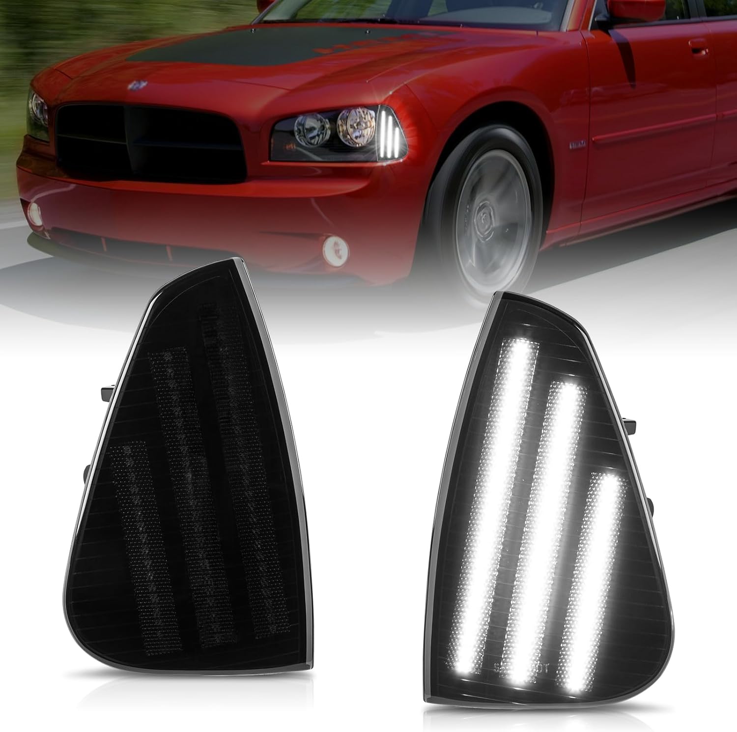 BRAND, CATEGORY, POPMOTORZ, SIDE MARKER ASSEMBLIES, 2PCS LED Front Corner Light Side Marker Lights Assembly for Dodge Charger 2006 2007 2008 2009 2010 Side Marker Turn Signal Corner Lamps Driver and Passenger Side Smoked Lens