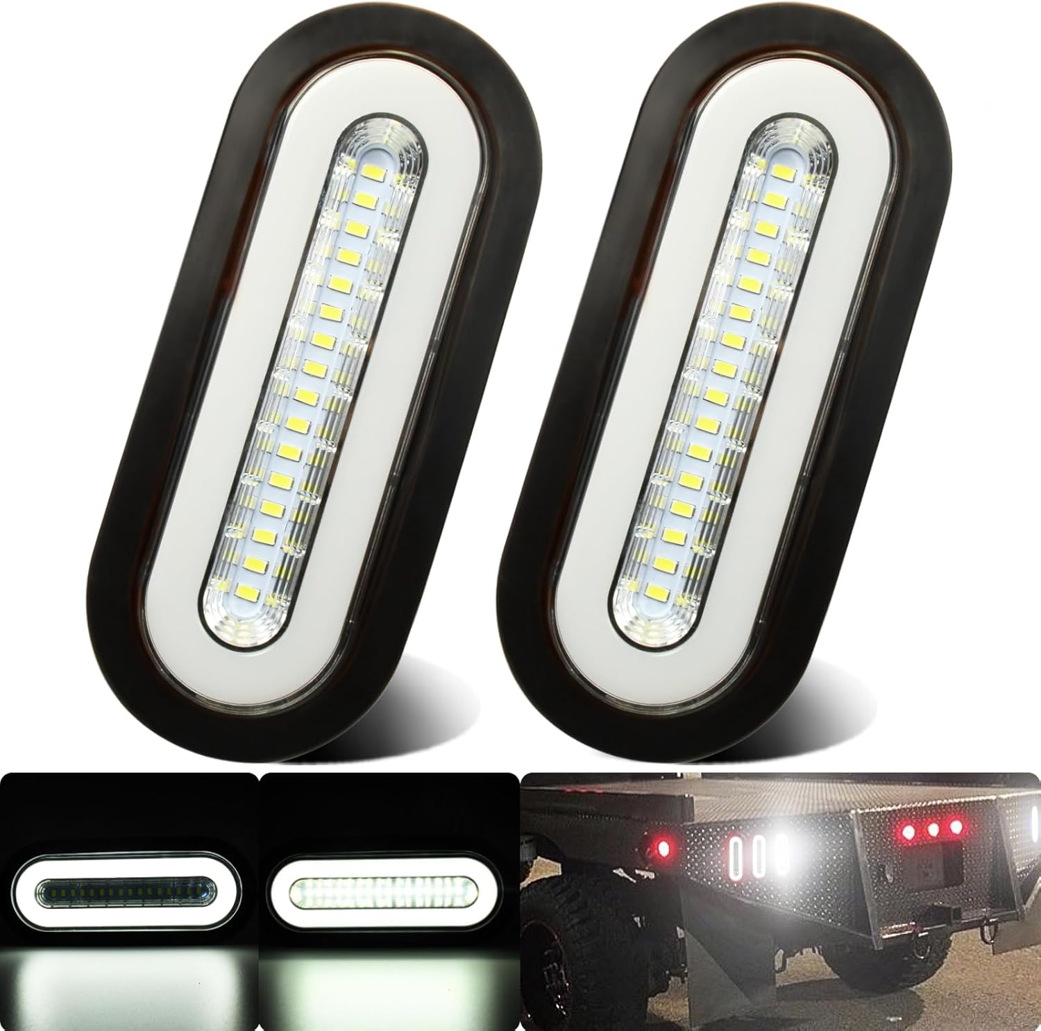 BRAND, CATEGORY, LIGHTING, WAHMOTOTIN, 2Pcs 6" inch Oval LED Trailer Boat Halo Reverse Back Up Tail Lights White 52 LEDs w/Rubber Grommet Sealed Waterproof IP67 for Truck/RV/Van, DC 12V