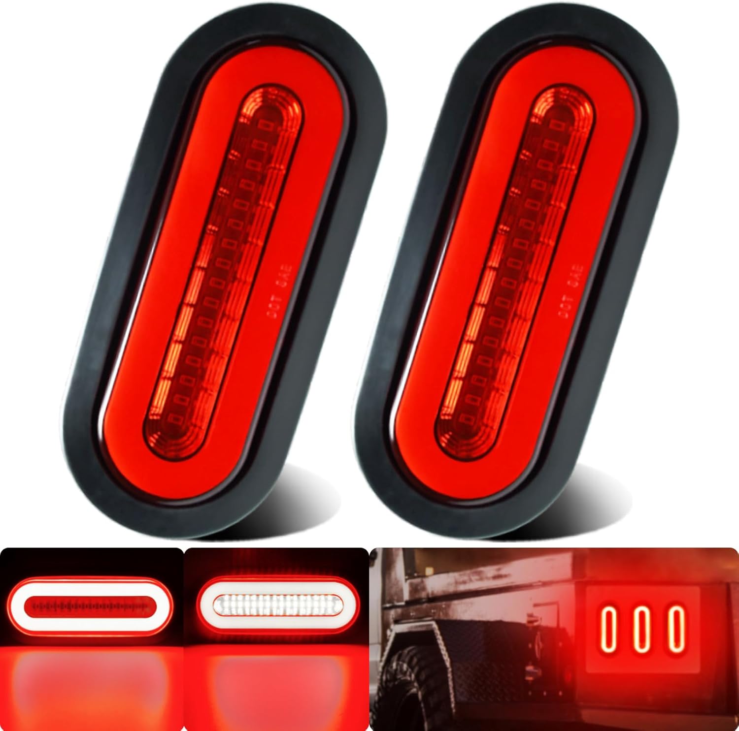 BRAND, CATEGORY, LIGHTING, WAHMOTOTIN, 2Pcs 6" inch Oval LED Trailer Red 52 LEDs Halo Brake Stop Turn Signal Running Tail Lights w/Rubber Grommet Sealed Waterproof IP67 for Truck/RV/Van, DC 12V