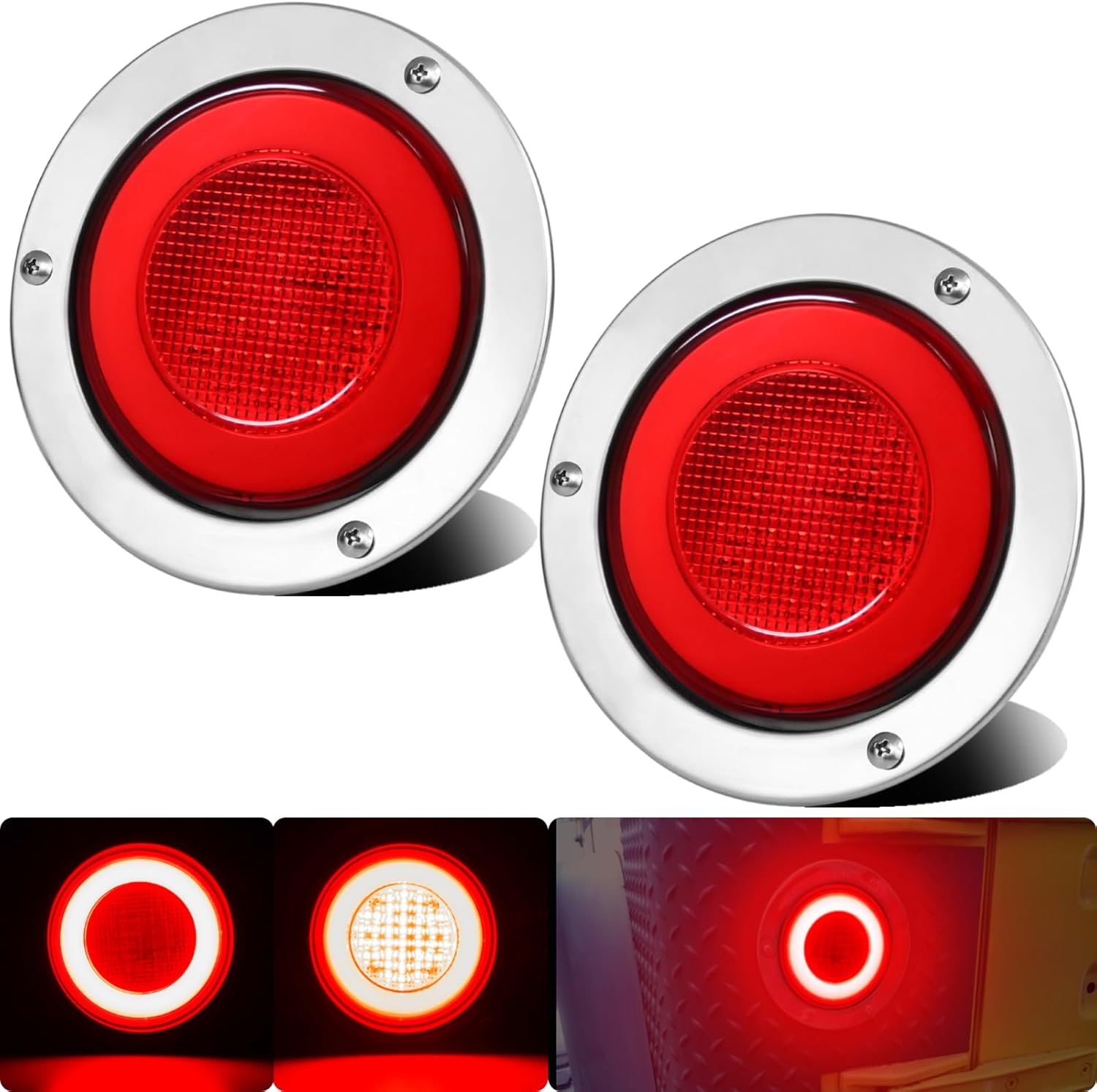 BRAND, CATEGORY, LIGHTING, WAHMOTOTIN, 2pcs 4 inch Round LED Trailer Trucks Halo Brake Stop Running Turn Signal Tail Lights Red 64 LEDs w/Stainless Bezels Flange Mount Sealed Waterproof IP67 For RV/Van, DC 12V