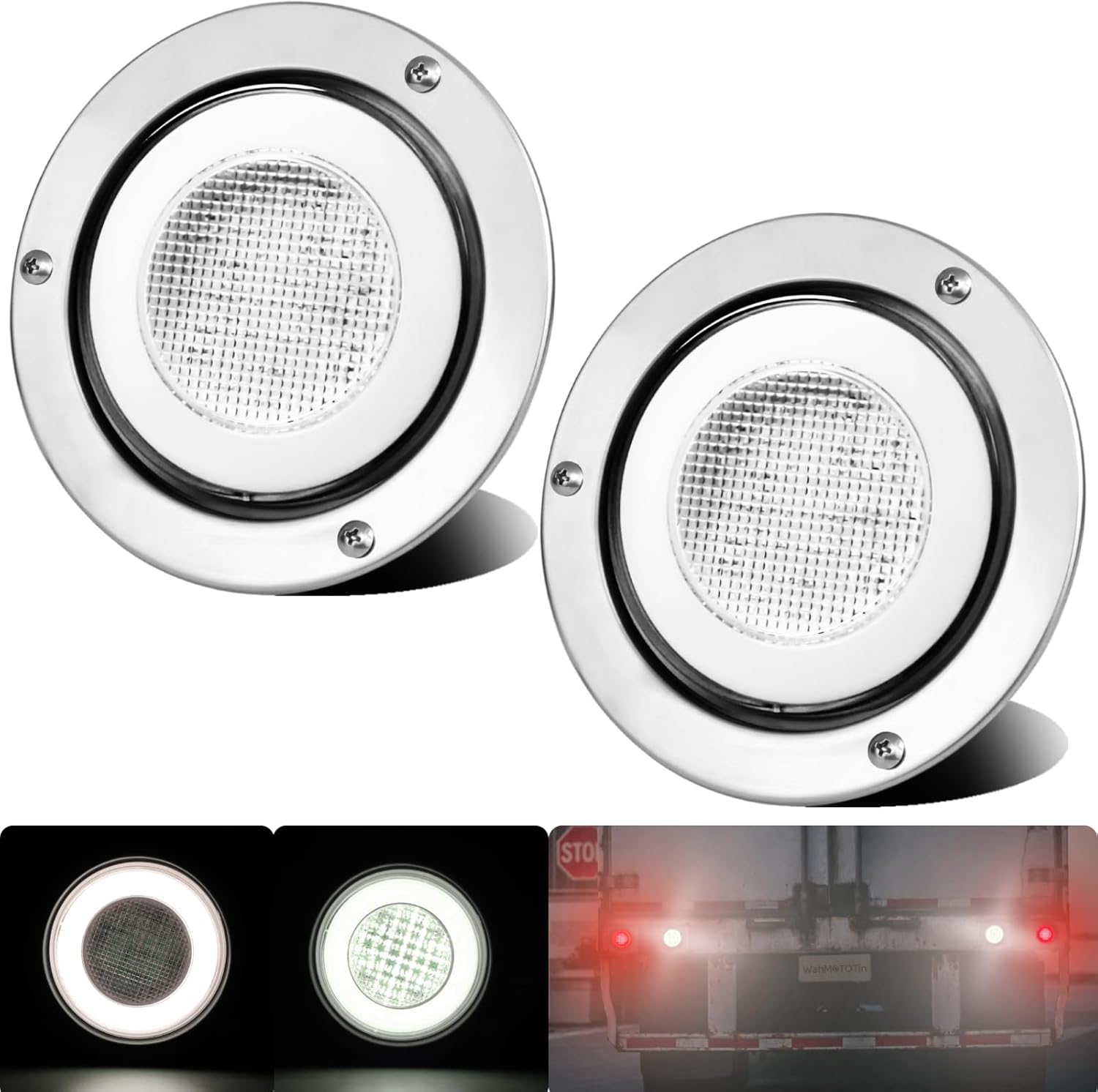 BRAND, CATEGORY, LIGHTING, WAHMOTOTIN, 2pcs 4 inch Round LED Trailer Trucks Halo Reverse Back Up Running Tail Lights White 64 LEDs w/Stainless Bezels Flange Mount Sealed Waterproof IP67 For RV/Van, DC 12V