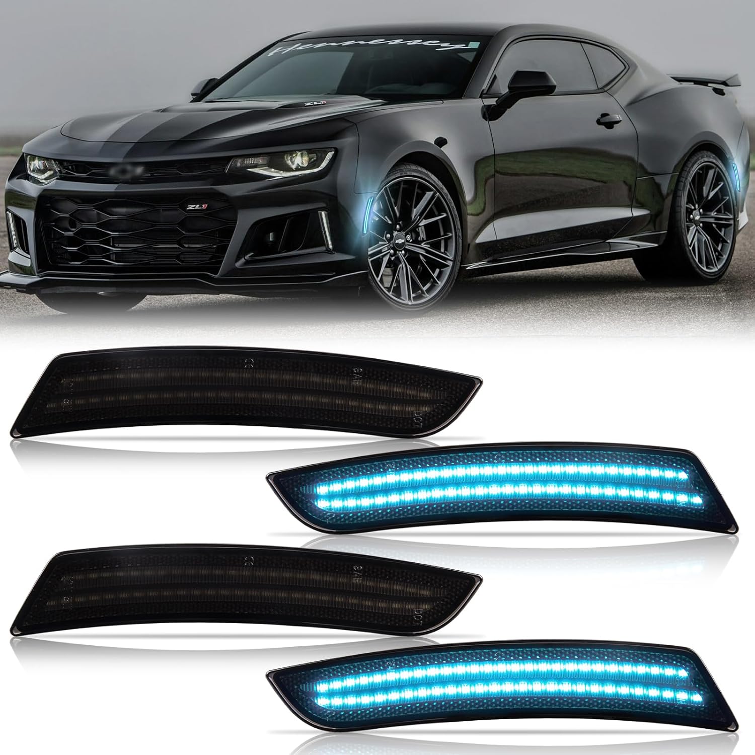 BRAND, CATEGORY, POPMOTORZ, SIDE MARKER ASSEMBLIES, 4 Pack Front Rear Fender LED Side Marker Lights Compatible With Chevy Camaro 2016 2017 2018 2019 2020 2021 2022 2023 LED Bumper Side Marker Lamps Smoked Lens Ice Blue LED