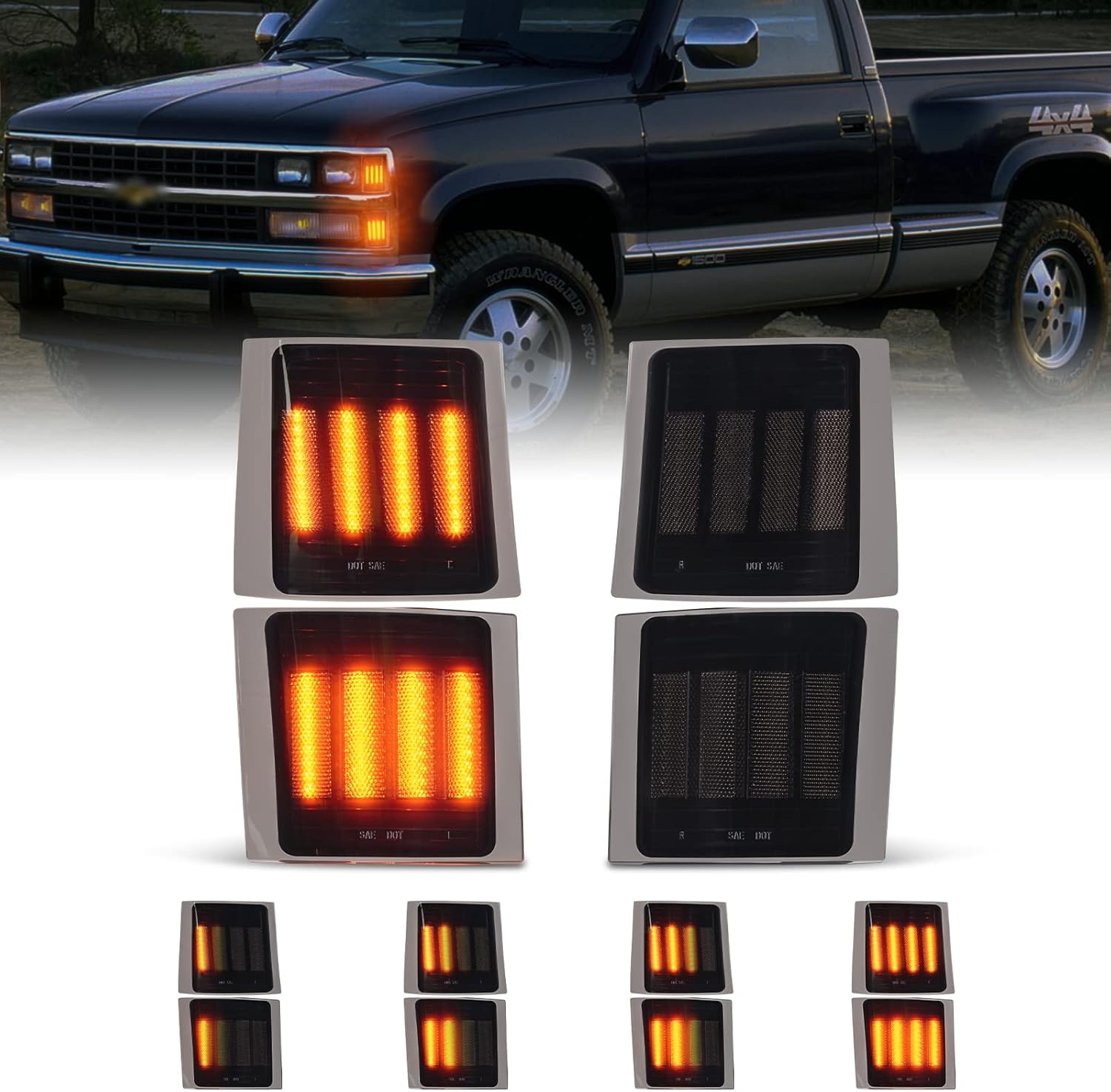 BRAND, CATEGORY, POPMOTORZ, SIDE MARKER ASSEMBLIES, 4 Pack LED Front Corner Light Side Marker Signal Lamps Assembly Kit for Chevy C/K Series 1500 2500 3500 Chevy Tahoe/Chevy Suburban/Chevrolet Silverado 1994-1998 Pickup Truck Smoked Len