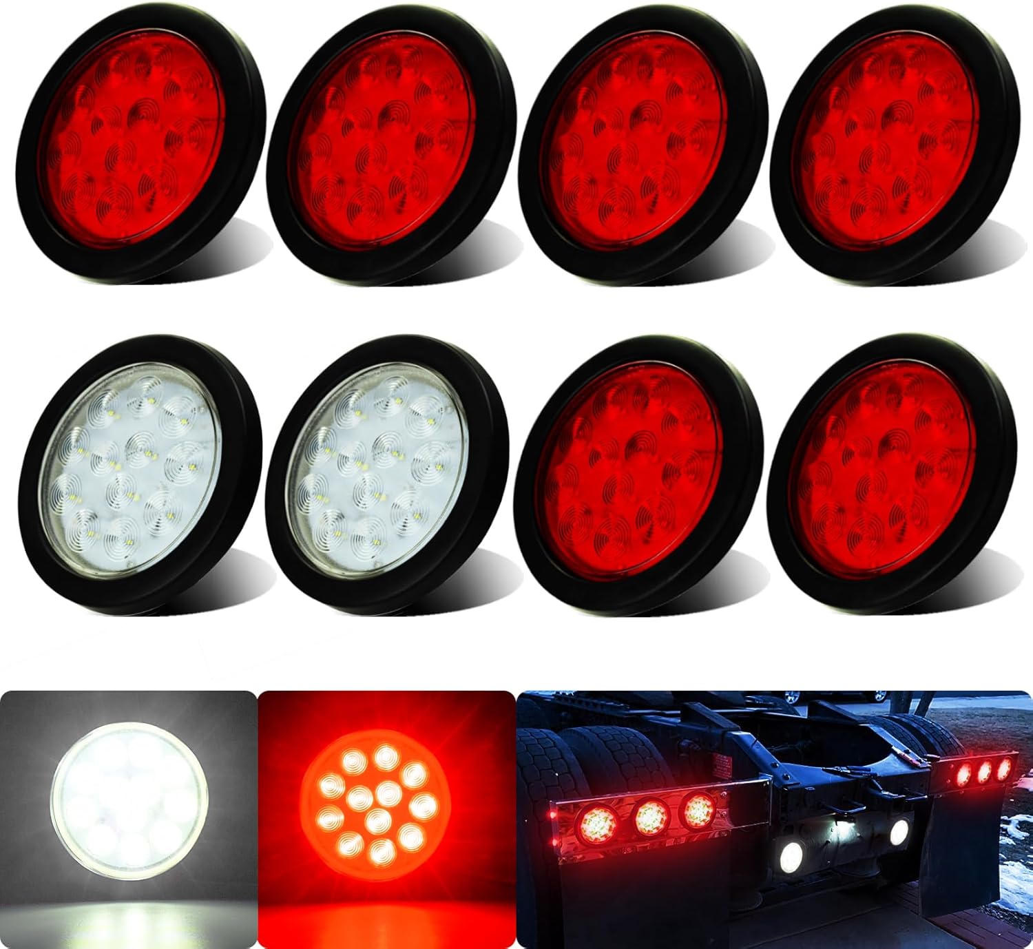 BRAND, CATEGORY, LIGHTING, WAHMOTOTIN, 4 inch Round LED Trailer Trucks Tail Light Kit 6Pcs 4" Round Red Stop Brake Turn Lights,2Pcs 4" Round Reverse Back up Light w/Rubber Grommet Flash Mount For RV/Van, DC 12V