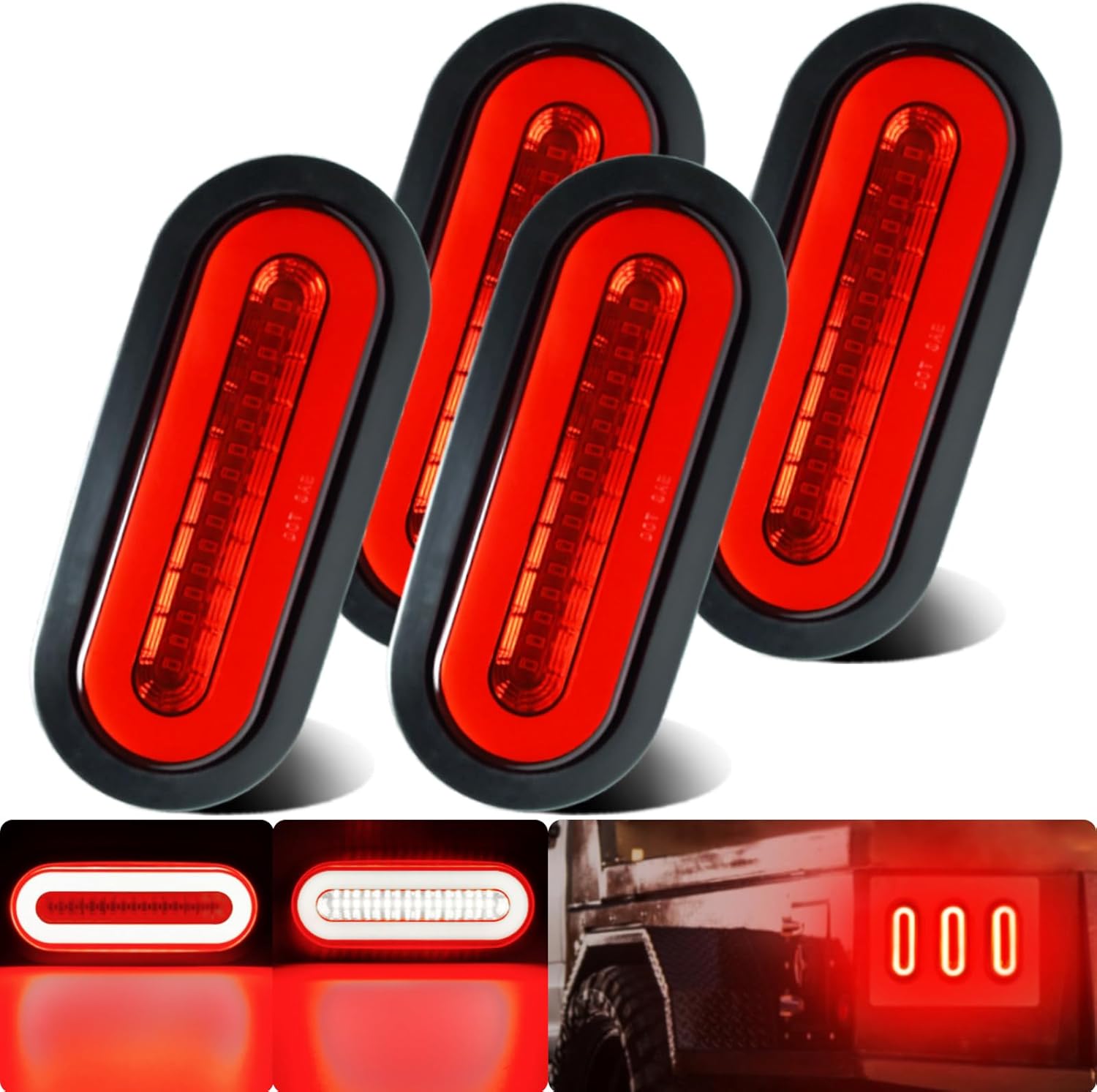 BRAND, CATEGORY, LIGHTING, WAHMOTOTIN, 4Pcs 6" inch Oval LED Trailer Utility Halo Brake Stop Running Turn Signal Tail Lights Red 52 LEDs w/Rubber Grommet Sealed Waterproof IP67 for RV/Van, DC 12V