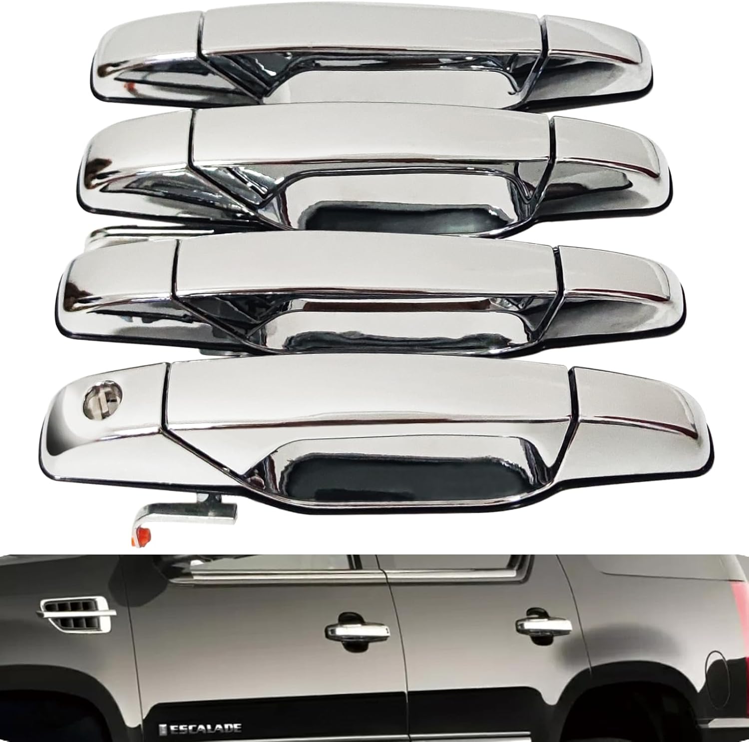 BRAND, CATEGORY, EXTERIOR DOOR HANDLES, WAHMOTOTIN, 4Pcs Exterior Chrome Door Handle Front Rear Driver & Passenger Set Fit for 2007-2014 Escalade Chevy Avalanche Silverado Suburban GMC Sierra Yukon 20828258,22738725,GM1310163,GM1520130