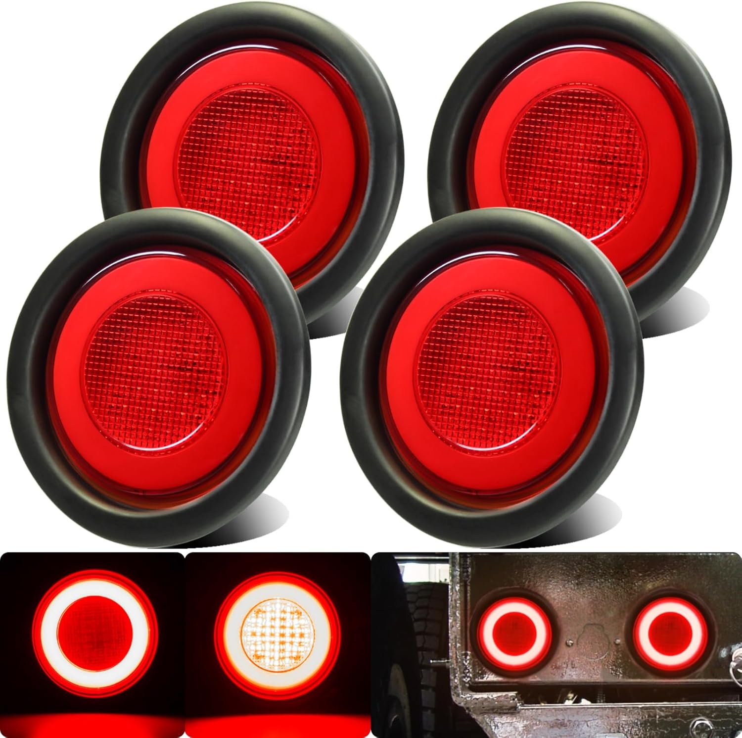 BRAND, CATEGORY, LIGHTING, WAHMOTOTIN, 4pcs 4 inch Round LED Trailer Trucks Halo Brake Stop Turn Signal Running Tail Lights Red 64 LEDs w/Rubber Grommet Sealed Waterproof IP67 For RV/Van, DC 12V