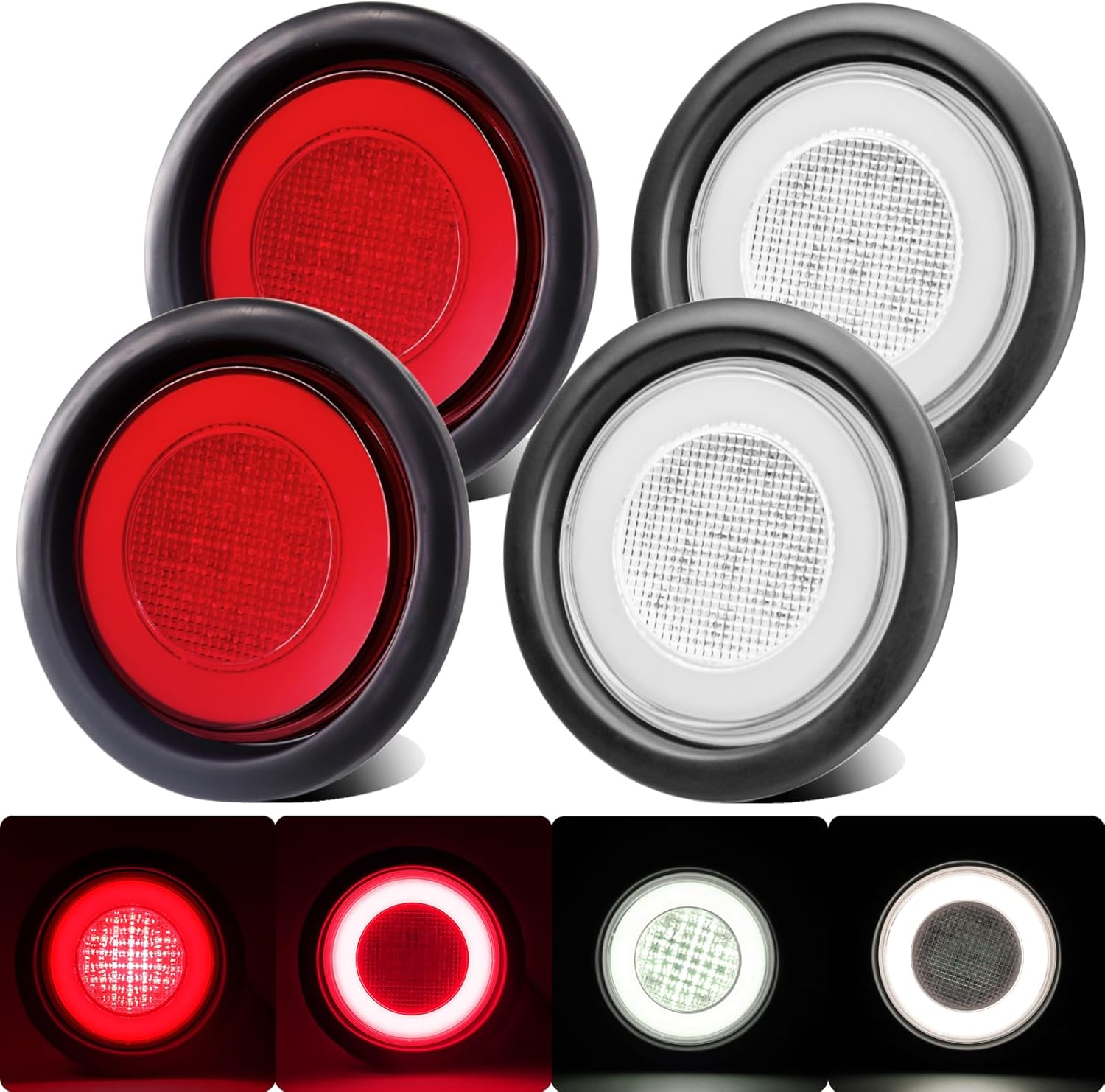 BRAND, CATEGORY, OTHER, WAHMOTOTIN, 4pcs 4 inch Round LED Trailer Trucks Halo Tail Lights Red Stop Brake Turn Lights White LED Reverse Back up Tail Lights w/Rubber Grommet Flash Mount for RV/Van, DC 12V