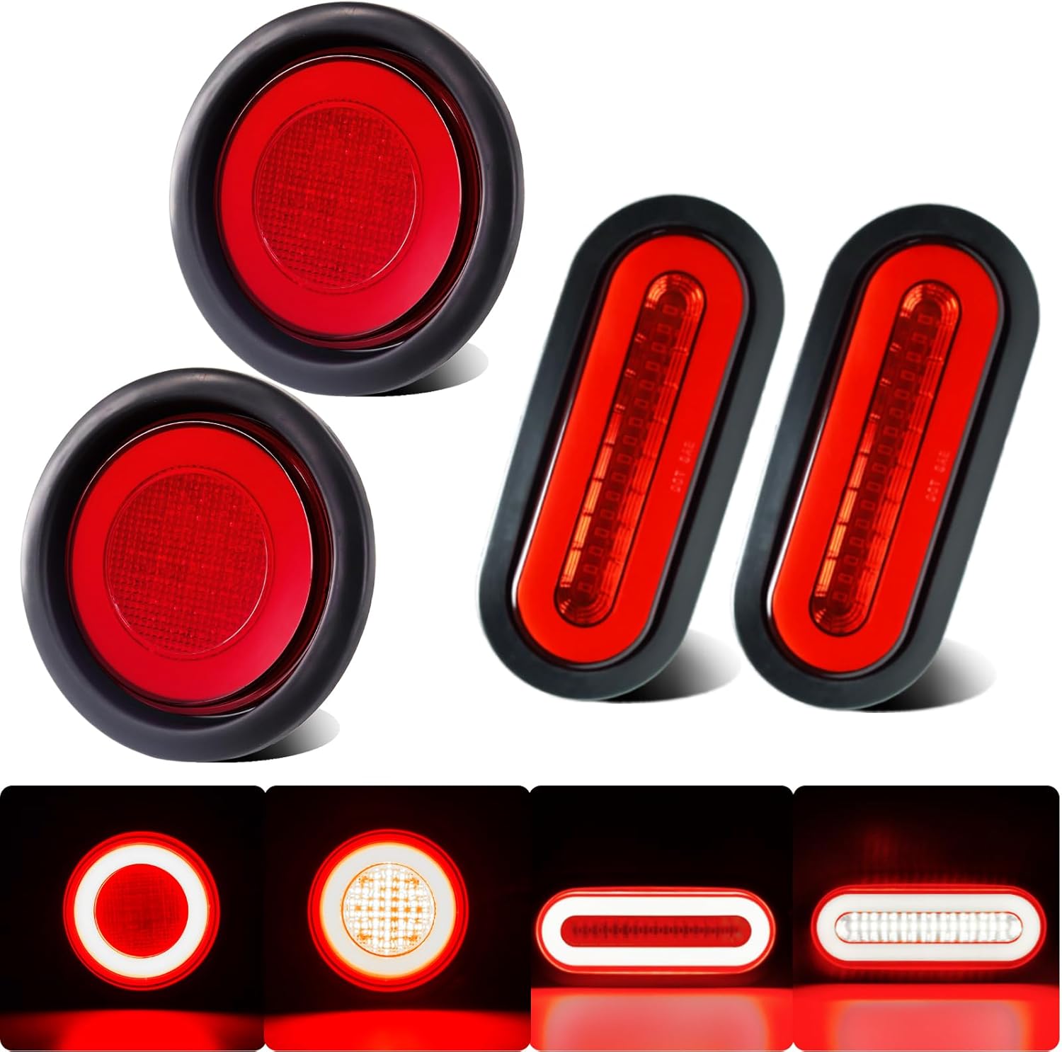 BRAND, CATEGORY, LIGHTING, WAHMOTOTIN, 4pcs Halo LED Trailer Trucks Tail Light Red 64/52 LEDs Stop Brake Turn Light Tail Light 2x 4 Inch Round,2x 6 Inch Oval Light w/Rubber Grommet Flash Mount For RV/Van, DC 12V