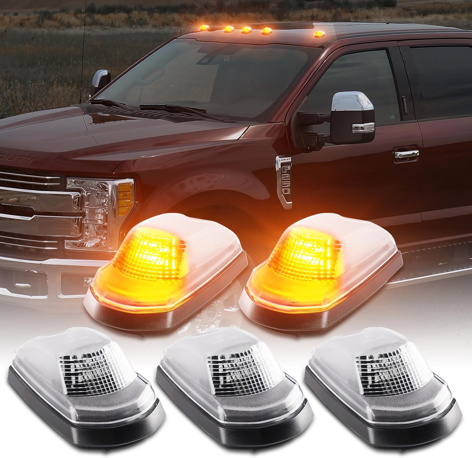 BRAND, CATEGORY, POPMOTORZ, TOP CLEARANCE MARKER ASSEMBLIES, 5PCS Amber LED Cab Roof Lights Roof Top Clearance Lights Cab Marker Lamps for 2017 2018 2019 2020 2021 2022 2023 2024 Ford F250 F350 F450 F550 Super Duty Led Roof Running Lights