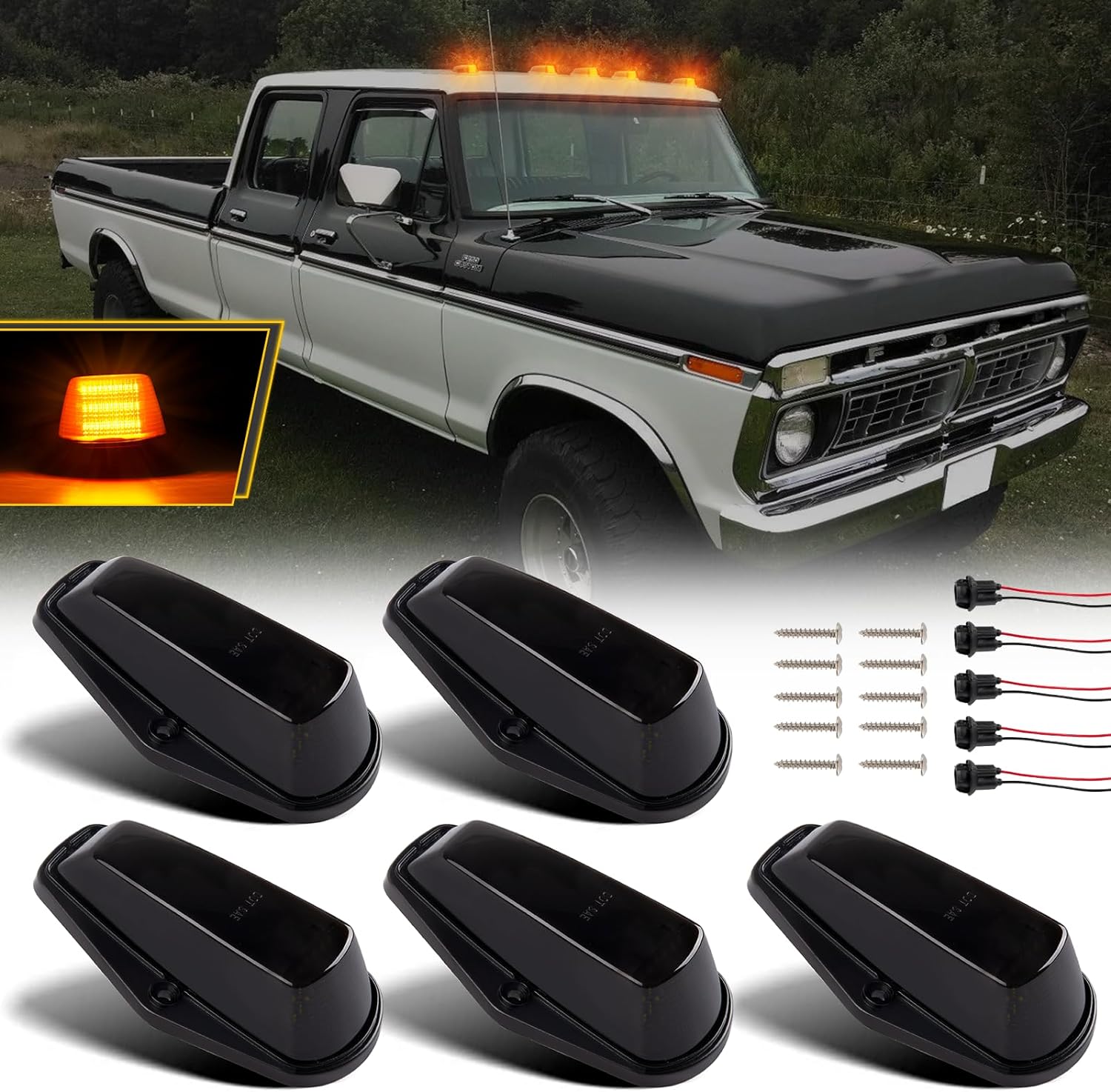 BRAND, CATEGORY, POPMOTORZ, TOP CLEARANCE MARKER ASSEMBLIES, 5PCS White LED Cab Roof Light Roof Top Clearance Lights Cab Marker Lamp For 1973-1997 Ford F150 F250 F350 F450 Super Duty LED Roof Running Lights Clear Lens