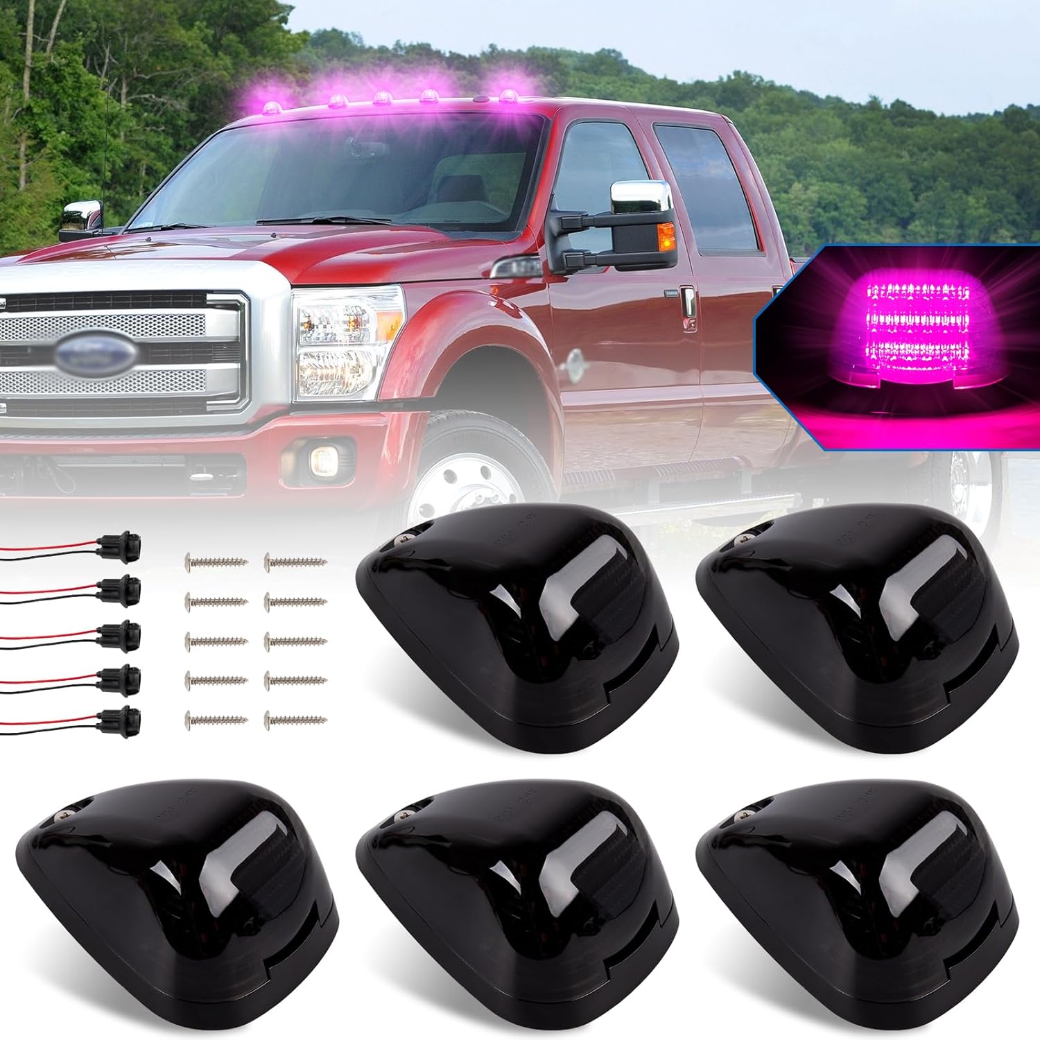 BRAND, CATEGORY, POPMOTORZ, TOP CLEARANCE MARKER ASSEMBLIES, 5PCS White LED Cab Roof Light Roof Top Clearance Lights Cab Marker Lamp For 1999-2016 Ford F150 F250 F350 F450 F550 F650 F750 E150 E250 E350 E450 Super Duty LED Roof Running Light Smoke Lens