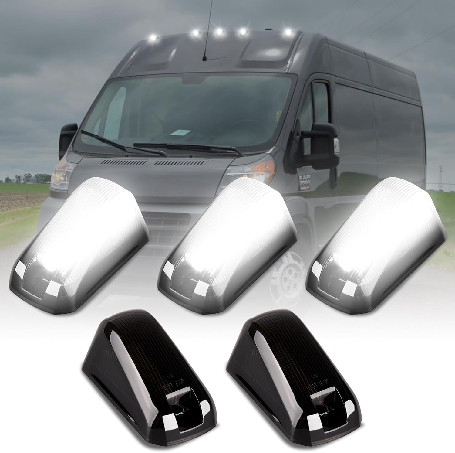 BRAND, CATEGORY, POPMOTORZ, TOP CLEARANCE MARKER ASSEMBLIES, 5pcs White LED Cab Roof Light Roof Top Clearance Lights Cab Marker Light for 2014-2023 Dodge RAM PROMASTER 1500 2500 3500 Led Roof Running Lights Smoked Lens