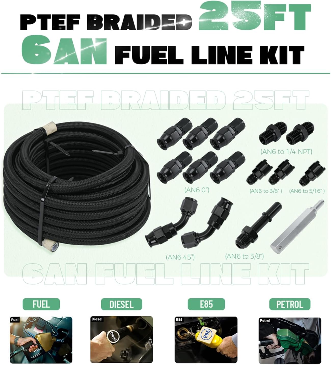 BRAND, CATEGORY, FUEL, PQY, 6AN 3/8" PTFE LS Swap EFI Fuel Line Fitting Kit E85 Nylon Braided Fuel Hose 25FT Black