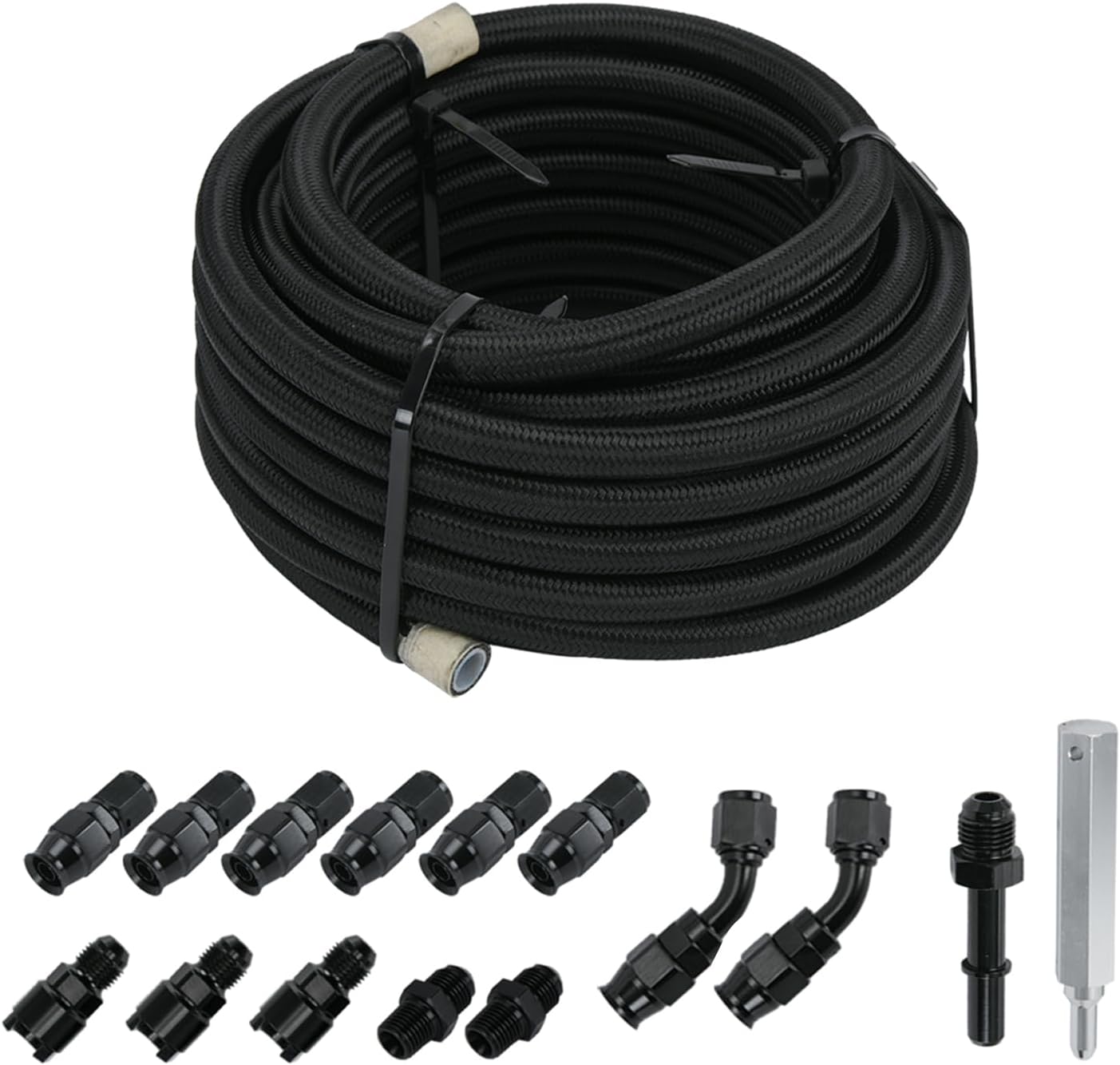 BRAND, CATEGORY, FUEL, PQY, 6AN 3/8" PTFE LS Swap EFI Fuel Line Fitting Kit E85 Nylon Braided Fuel Hose 25FT Black