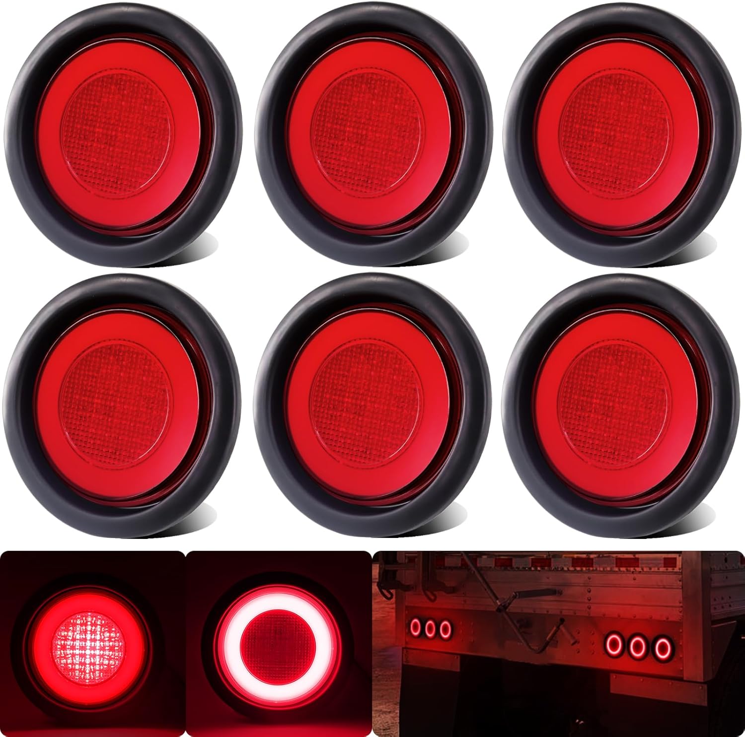 BRAND, CATEGORY, OTHER, WAHMOTOTIN, 6pcs 4 inch Round LED Trailer Trucks Halo Brake Stop Running Turn Signal Tail Lights Red 64 LEDs w/Rubber Grommet Sealed Waterproof IP67 for RV/Van, DC 12V