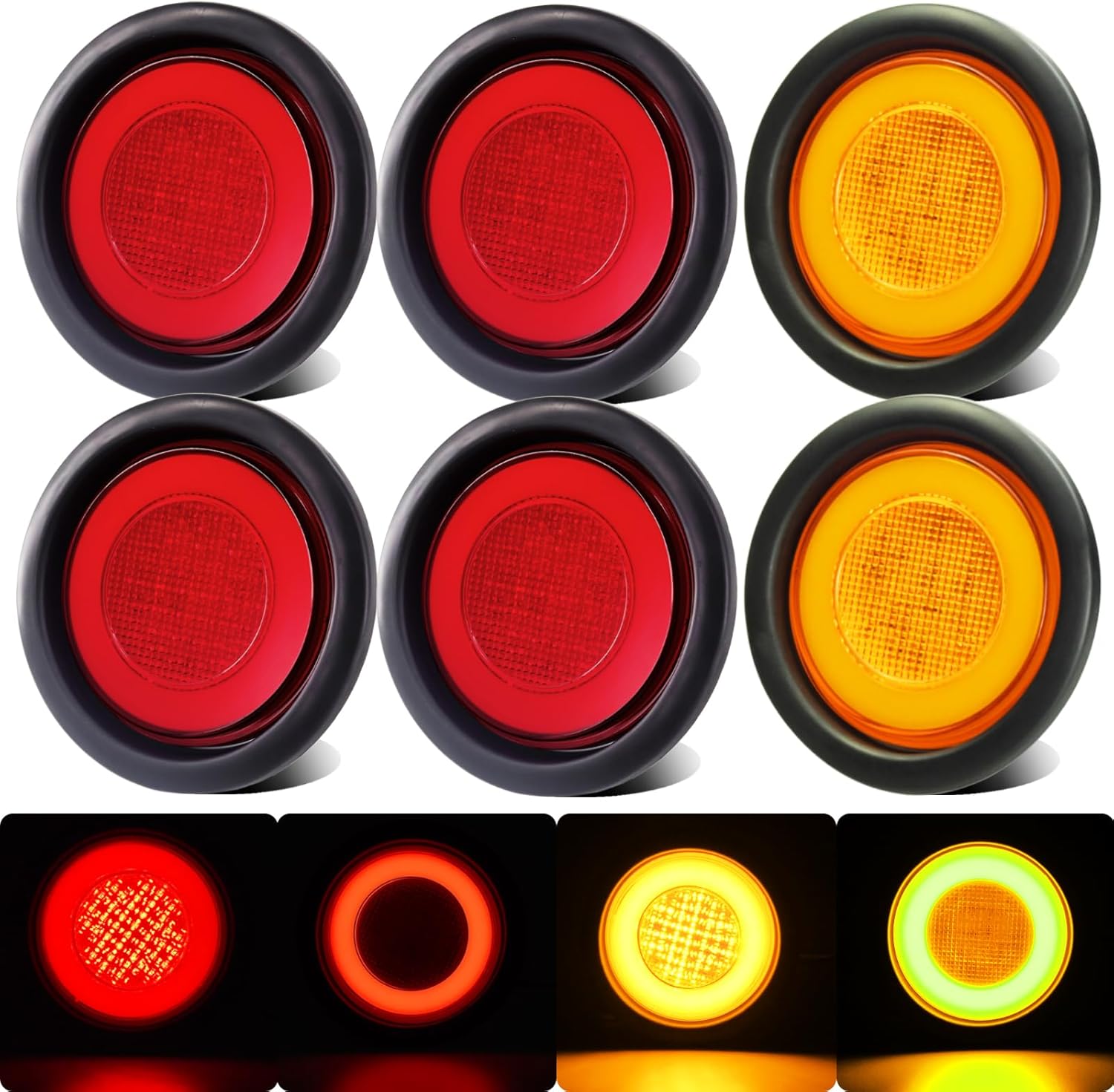 BRAND, CATEGORY, LIGHTING, WAHMOTOTIN, 6pcs 4 inch Round LED Trailer Trucks Halo Tail Light, Red Stop Brkae Turn Light, Amber Turn Parking Tail Light w/Rubber Grommet Flash Mount for RV/Van, DC 12V