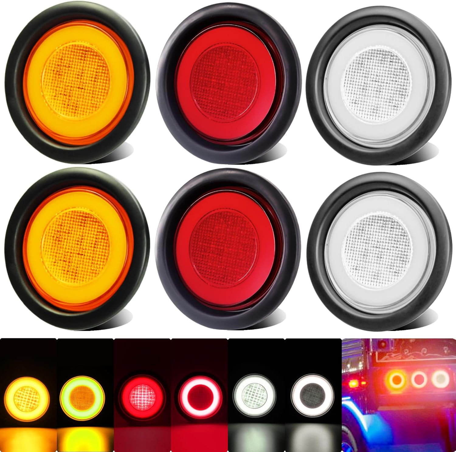 BRAND, CATEGORY, LIGHTING, WAHMOTOTIN, 6pcs 4 inch Round LED Trailer Trucks Halo Tail Light Red Stop Brkae Turn Light, White LED Reverse Back up, Amber Turn Parking Tail Light w/Rubber Grommet Flash Mount for RV/Van, DC 12V