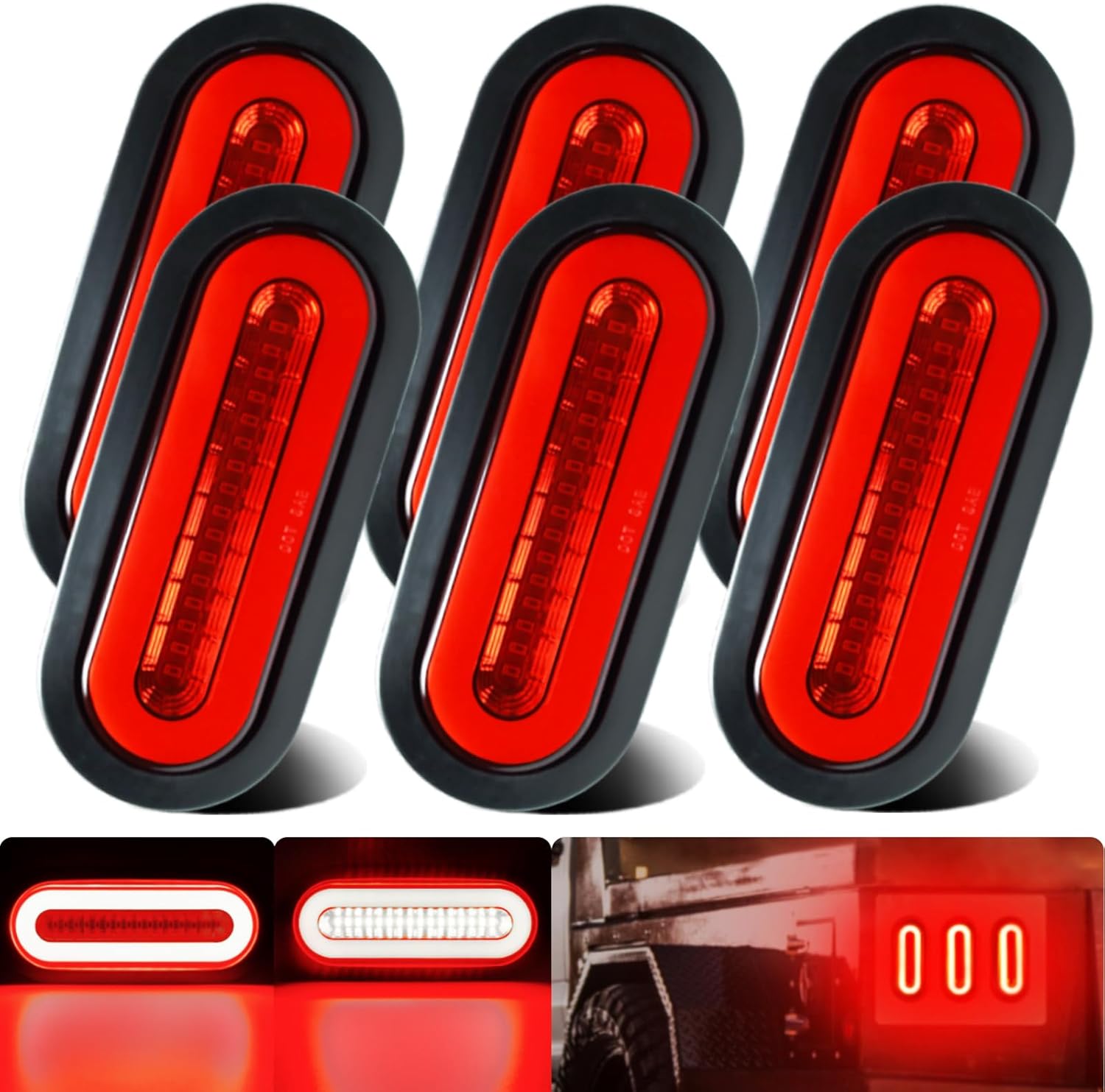 BRAND, CATEGORY, LIGHTING, WAHMOTOTIN, 6pcs 6 inch Oval LED Trailer Trucks Halo Tail Light Red Stop Brake Turn Light Tail Light w/Rubber Grommet Flash Mount For RV/Van, DC 12V