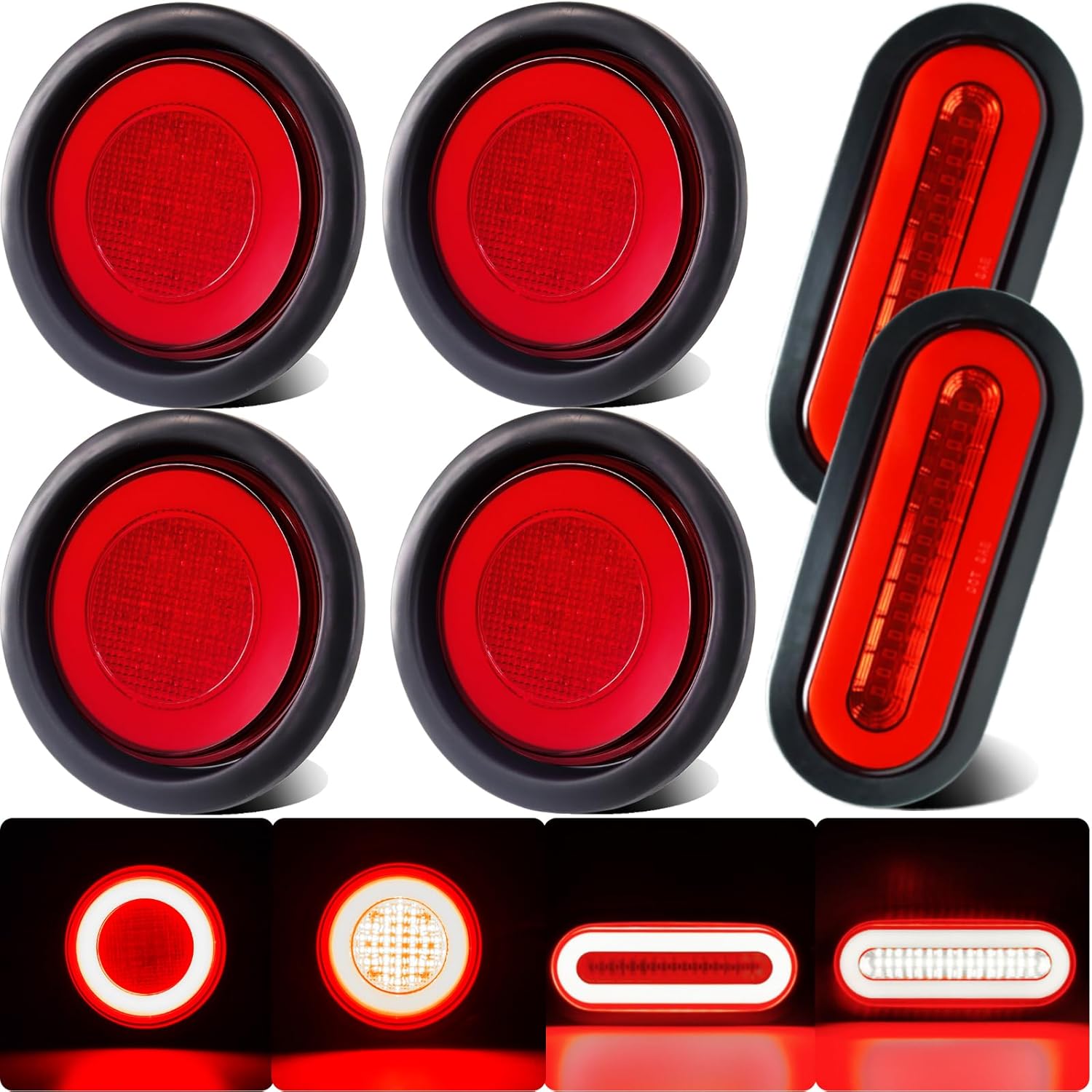 BRAND, CATEGORY, LIGHTING, WAHMOTOTIN, 6pcs Halo LED Trailer Trucks Tail Light Red 64/52 LEDs Stop Brake Turn Light Tail Light 4x 4 Inch Round,2x 6 Inch Oval Light w/Rubber Grommet Flash Mount For RV/Van, DC 12V