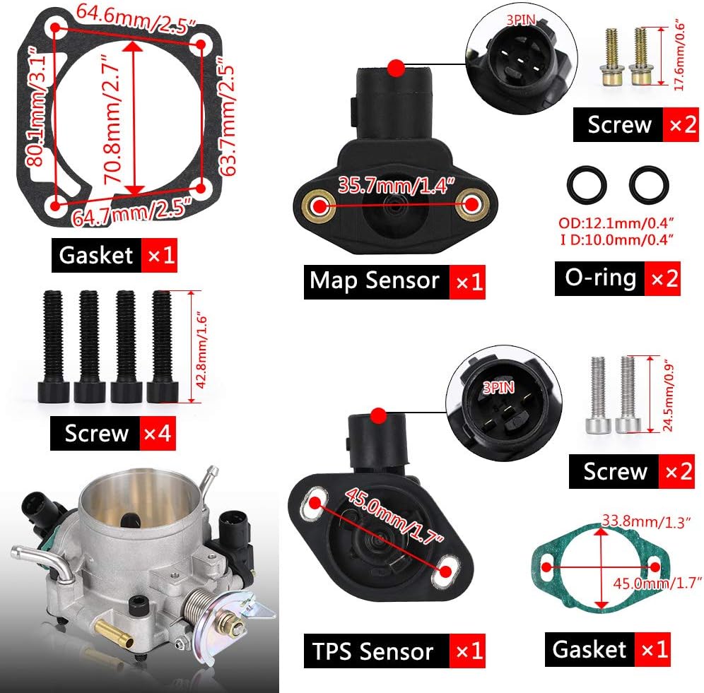 BRAND, CATEGORY, PQY, THROTTLE BODIES, 70MM Intake Manifold Throttle Body Kit with TPS & MAP Sensor Compatible with Honda B/D/H/F Series B16 B18 309-05-1050 309051050