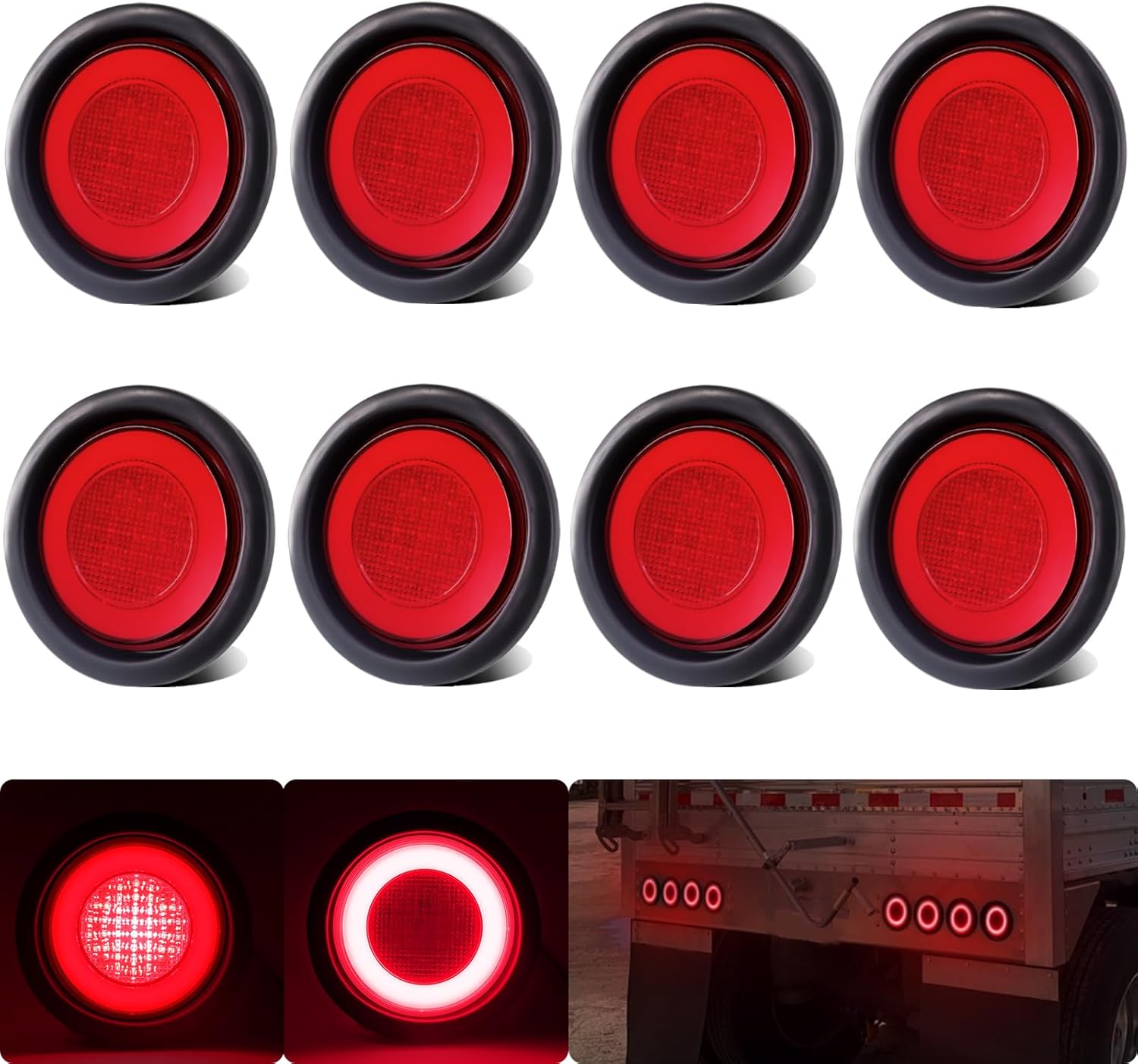 BRAND, CATEGORY, LIGHTING, WAHMOTOTIN, 8pcs 4 inch Round LED Trailer Trucks Halo Brake Stop Running Turn Signal Tail Lights Red 64 LEDs w/Rubber Grommet Sealed Submersible for RV/Van, DC 12V