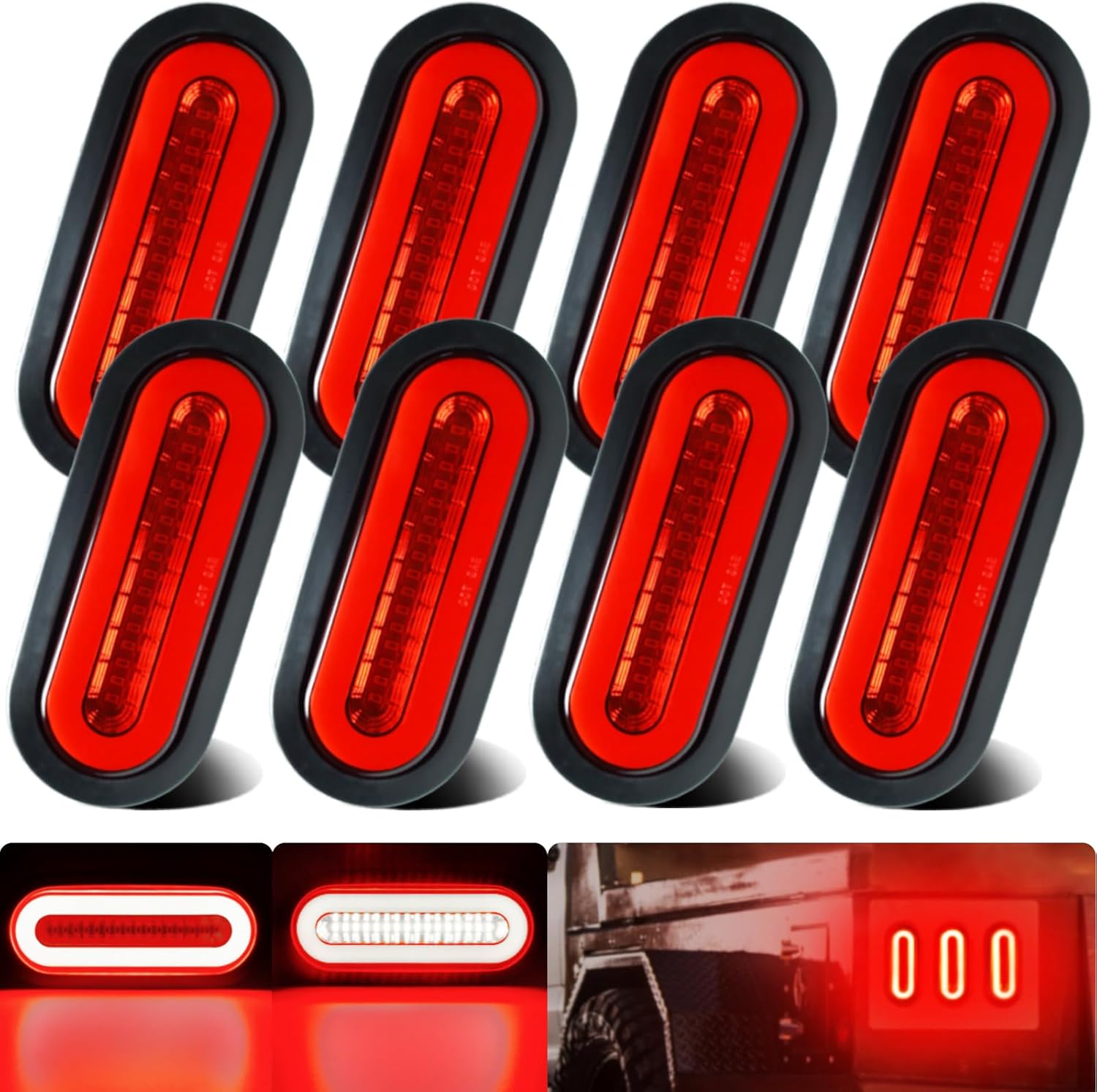 BRAND, CATEGORY, LIGHTING, WAHMOTOTIN, 8pcs 6 inch Oval LED Trailer Trucks Halo Tail Light Red Stop Brake Turn Light Tail Light w/Rubber Grommet Flash Mount For RV/Van, DC 12V