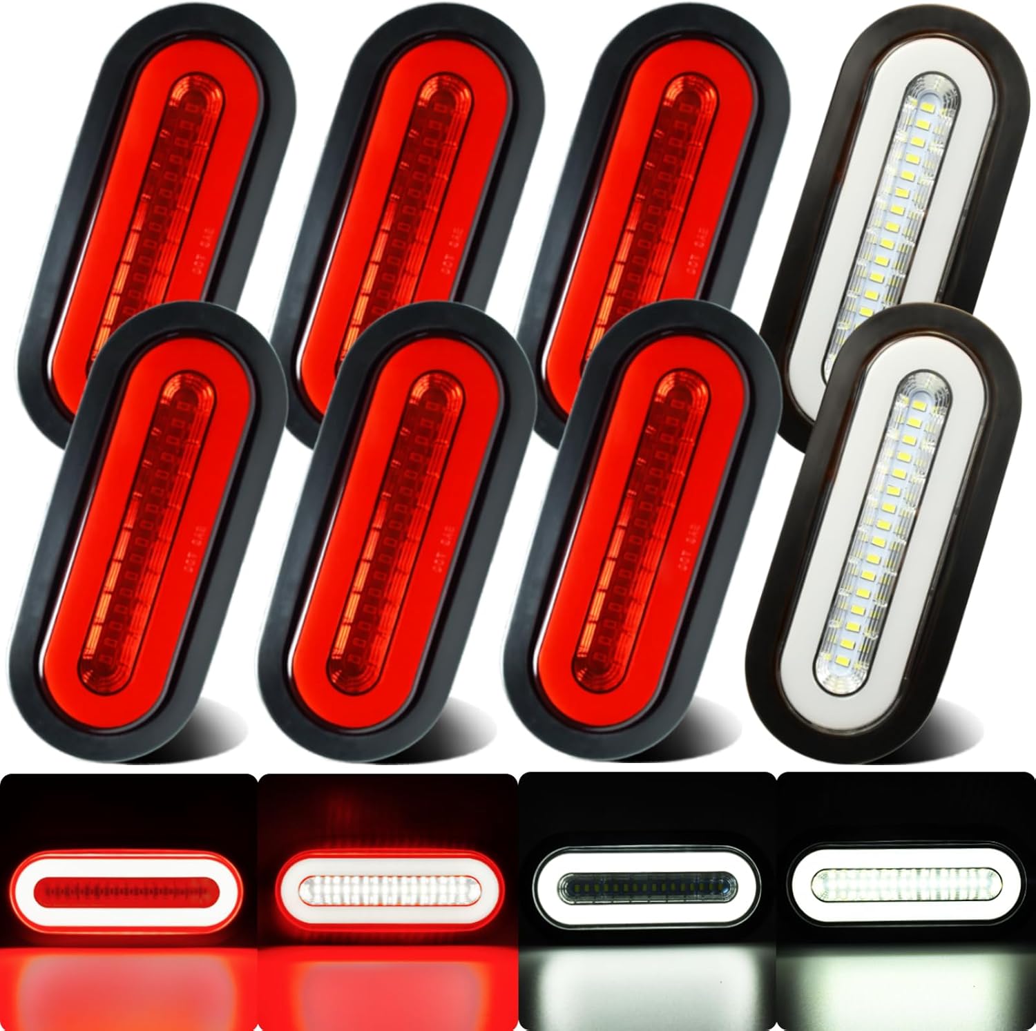 BRAND, CATEGORY, LIGHTING, WAHMOTOTIN, 8pcs 6 inch Oval LED Trailer Trucks Halo Tail Lights Red Stop Brake Turn Lights White LED Reverse Back up Tail Lights w/Rubber Grommet Flash Mount For RV/Van, DC 12V