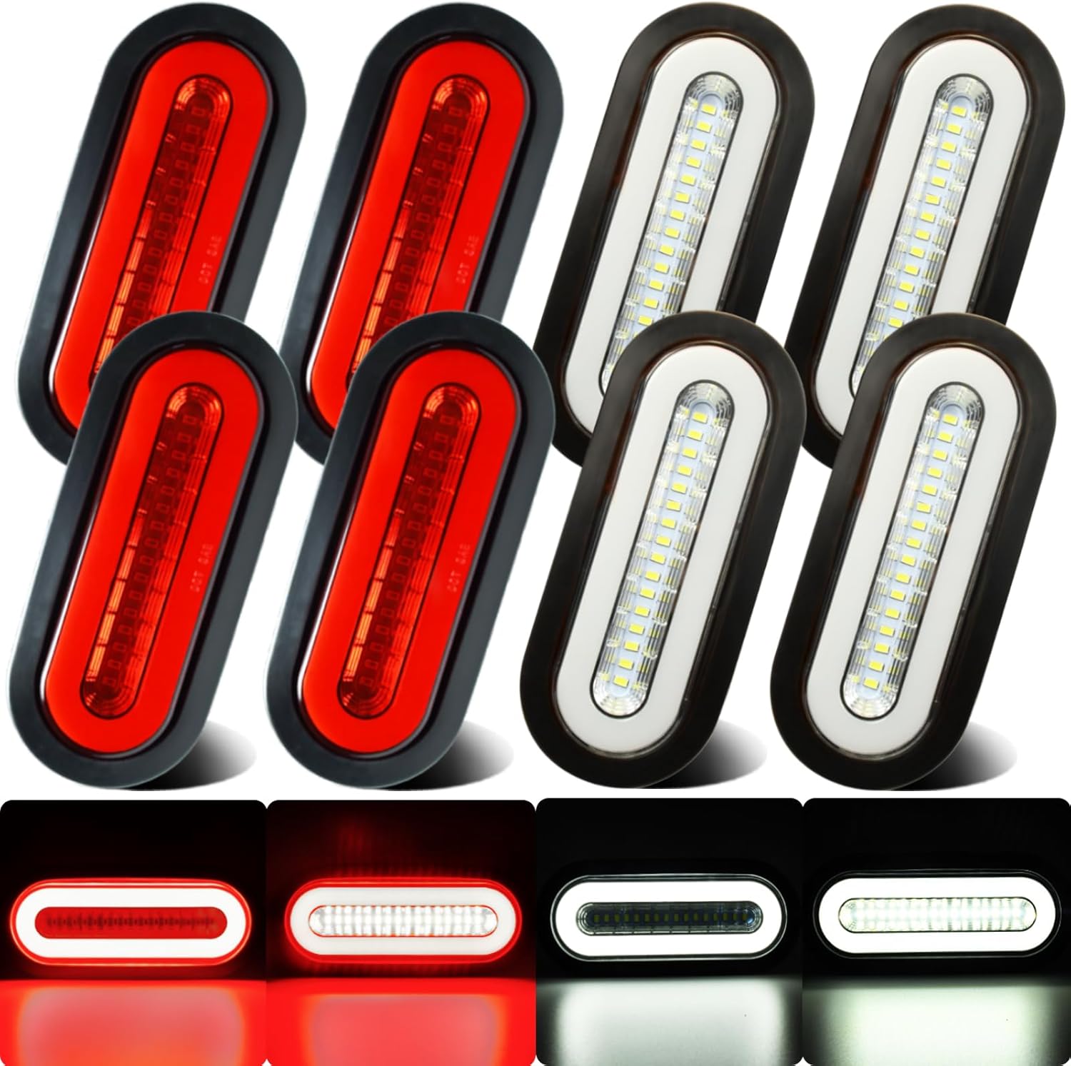 BRAND, CATEGORY, LIGHTING, WAHMOTOTIN, 8pcs 6 inch Oval LED Trailer Trucks Halo Tail Lights Red Stop Brake Turn Lights White LED Reverse Back up Tail Lights w/Rubber Grommet Flash Mount For RV/Van, DC 12V