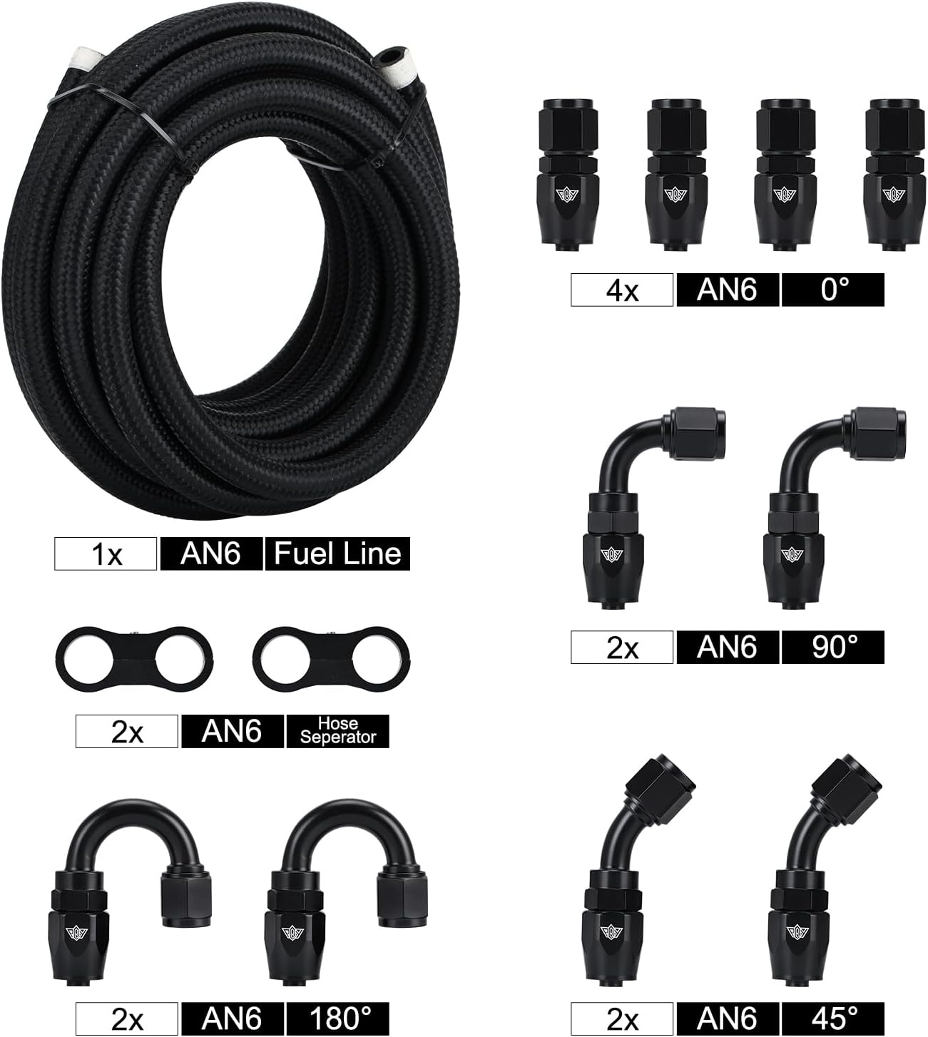 BRAND, CATEGORY, FITTINGS, PQY, AN6 Fuel Line Kit 15FT Braided Hose + 10pcs AN6 Fitting + 2pcs Hose Separator Clamp