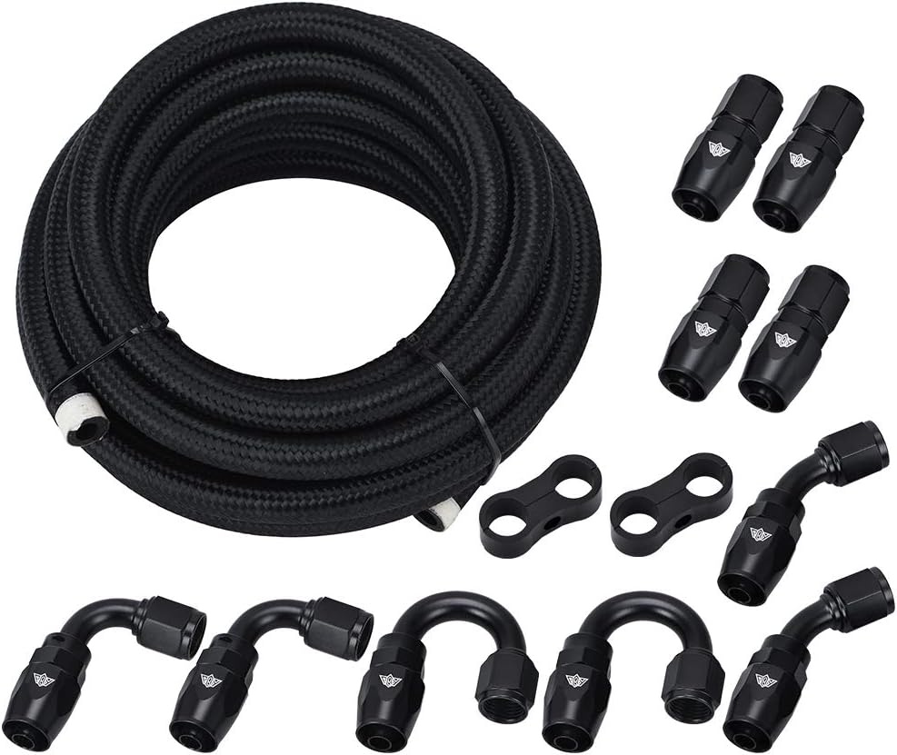 BRAND, CATEGORY, FITTINGS, PQY, AN6 Fuel Line Kit 15FT Braided Hose + 10pcs AN6 Fitting + 2pcs Hose Separator Clamp