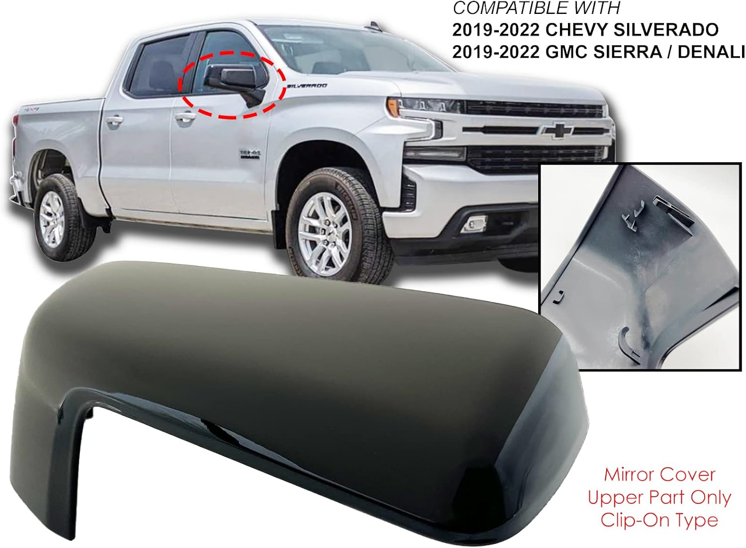 AUTO PARTS AVENUE, BRAND, CATEGORY, EXTERIOR MIRRORS, APA Replacement Exterior Mirror Cover fits 2019-2022 Silverado Sierra Top-Half Upper Part Chrome Passenger Right Side 84732162