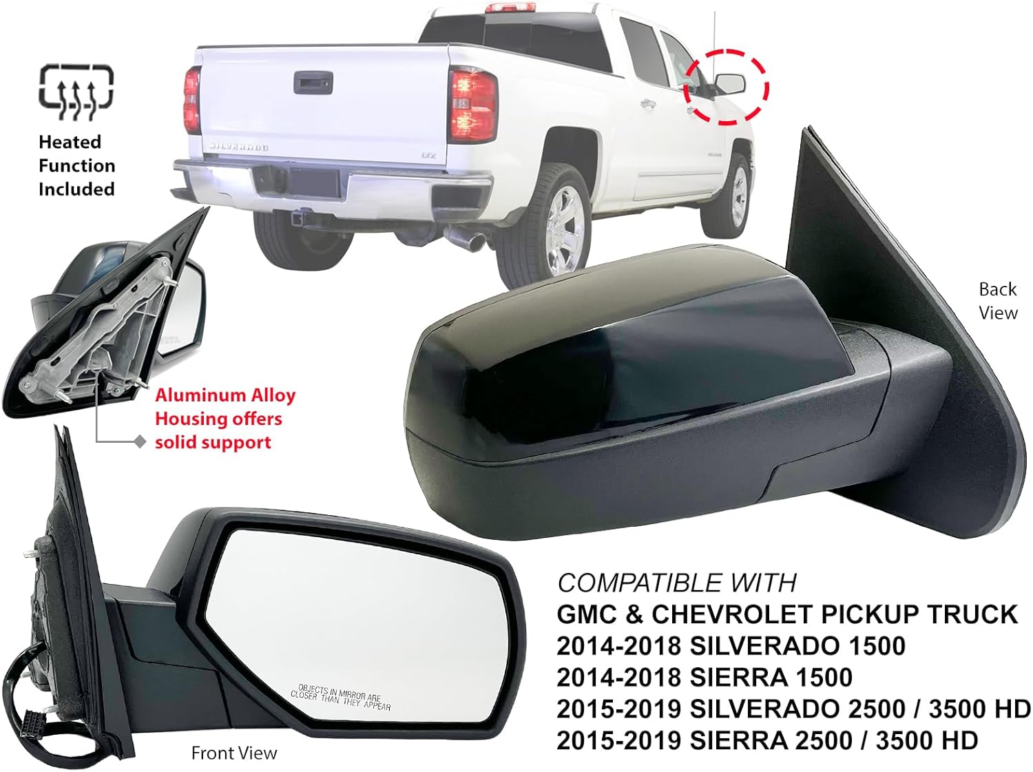 AUTO PARTS AVENUE, BRAND, CATEGORY, EXTERIOR MIRRORS, APA Replacement Exterior Mirror for 2014-2019 SILVERADO SIERRA GM Pickup Truck Power Heated with Blind Spotter Glass Textured Black Cap Driver Left Side 20979673 GM1320492