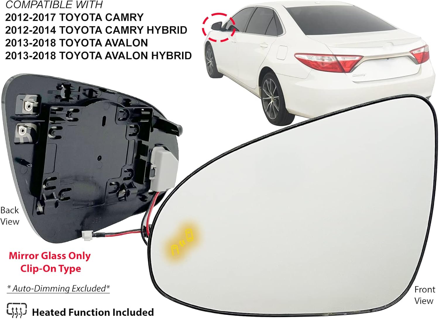 AUTO PARTS AVENUE, BRAND, CATEGORY, EXTERIOR MIRROR REPLACEMENT GLASS, APA Replacement for 2012-2017 Camry 2013-2018 Avalon Mirror Glass Blind Spot Detection BSD Heated Driver Left Side TO1324131