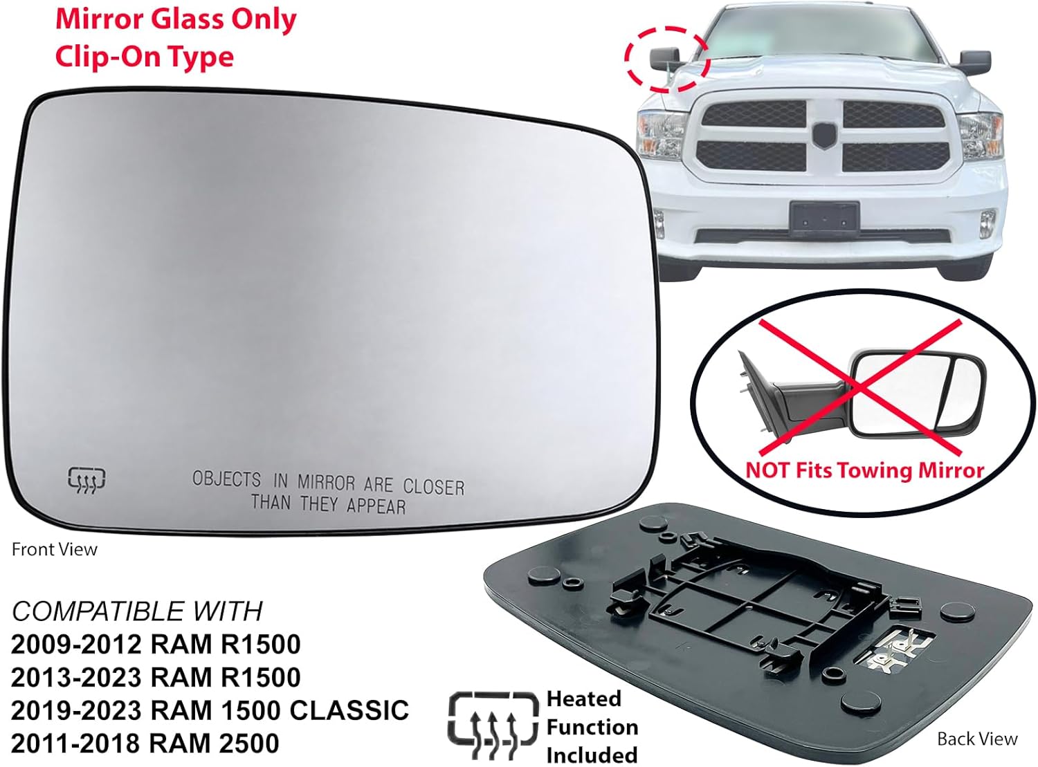 AUTO PARTS AVENUE, BRAND, CATEGORY, EXTERIOR MIRROR REPLACEMENT GLASS, APA Replacement for Power Heated Mirror Glass 2009-2023 RAM 1500 2011-2018 RAM 2500 Pair Passenger and Driver Sides