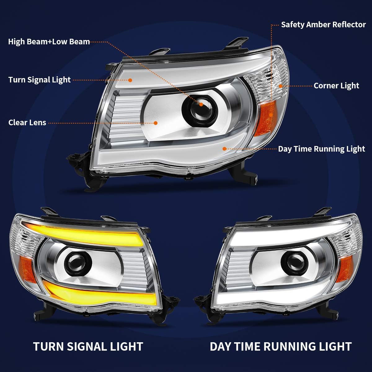 AUTOSAVER88, BRAND, CATEGORY, HEADLIGHT ASSEMBLIES, AUTOSAVER88 Projector Headlights Assembly Compatible with 2005 2006 2007 2008 2009 2010 2011 Tacoma Headlamp with Switchback LED Tube Parking Turn Signal Light Chrome Housing Clear Lens