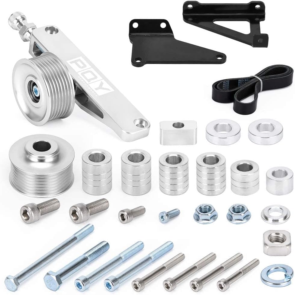 BRAND, CATEGORY, PQY, TIMING PARTS, Adjustable EP3 Pulley Kit A/C & P/S Eliminator Kit With Belt Compatible with Honda 8th 9th Civic All K20 and K24 engines