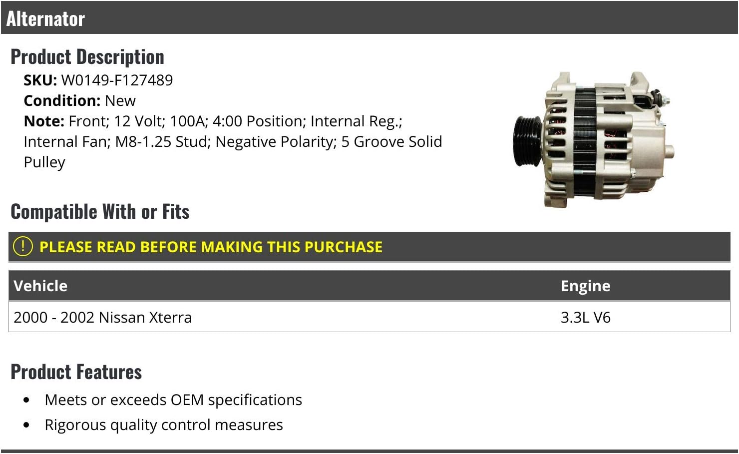 ALTERNATORS, BRAND, CATEGORY, MARKETPLACE AUTO PARTS, Alternator - 100 AMP - Compatible with 2000-2002 Nissan Xterra 3.3L V6