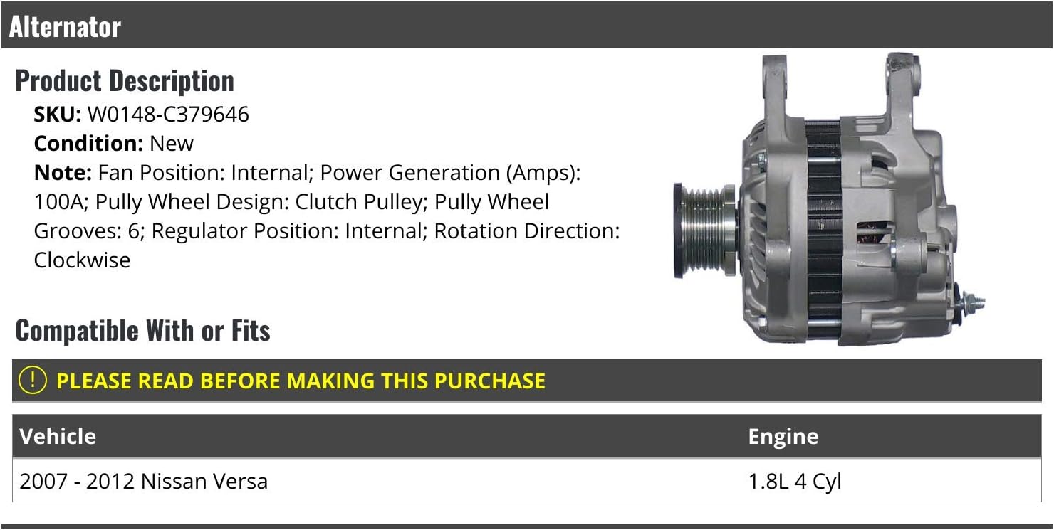 ALTERNATORS, BRAND, CATEGORY, MARKETPLACE AUTO PARTS, Alternator - 100 AMP - Compatible with 2007-2012 Nissan Versa 1.8L 4-Cylinder