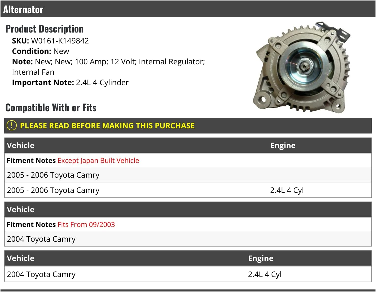 ALTERNATORS, BRAND, CATEGORY, MARKETPLACE AUTO PARTS, Alternator - 100 Amp - Compatible with 2004-2006 Toyota Camry 2.4L 4-Cylinder (From 09/2003)