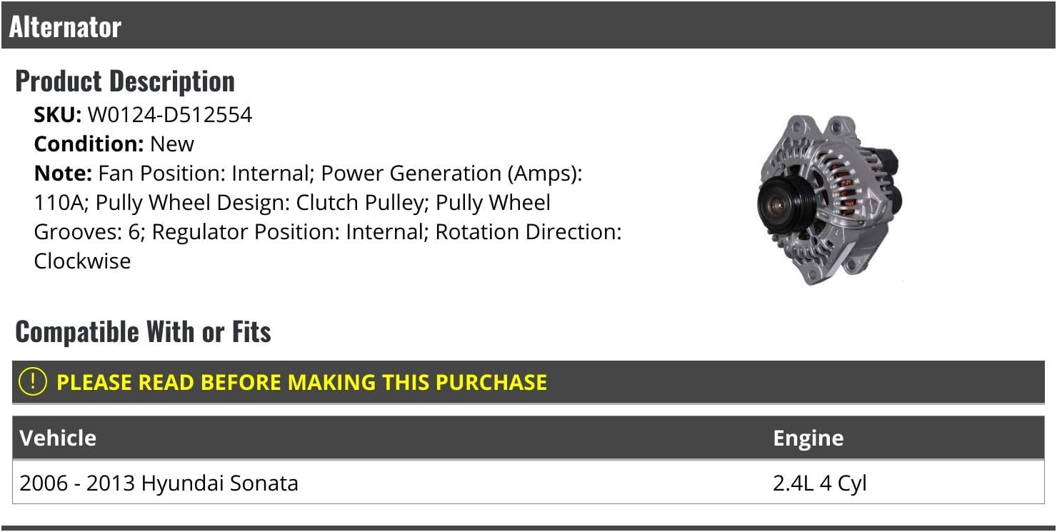 ALTERNATORS, BRAND, CATEGORY, MARKETPLACE AUTO PARTS, Alternator - 110A - 6 Groove - Compatible with 2006-2013 Hyundai Sonata 2.4L 4-Cylinder