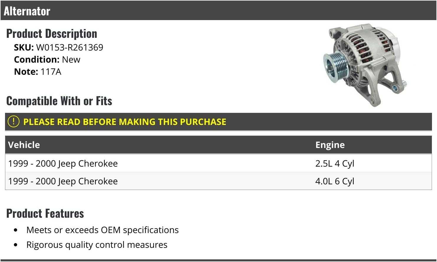 ALTERNATORS, BRAND, CATEGORY, MARKETPLACE AUTO PARTS, Alternator - 117 AMP - Compatible with 1999-2000 Jeep Cherokee